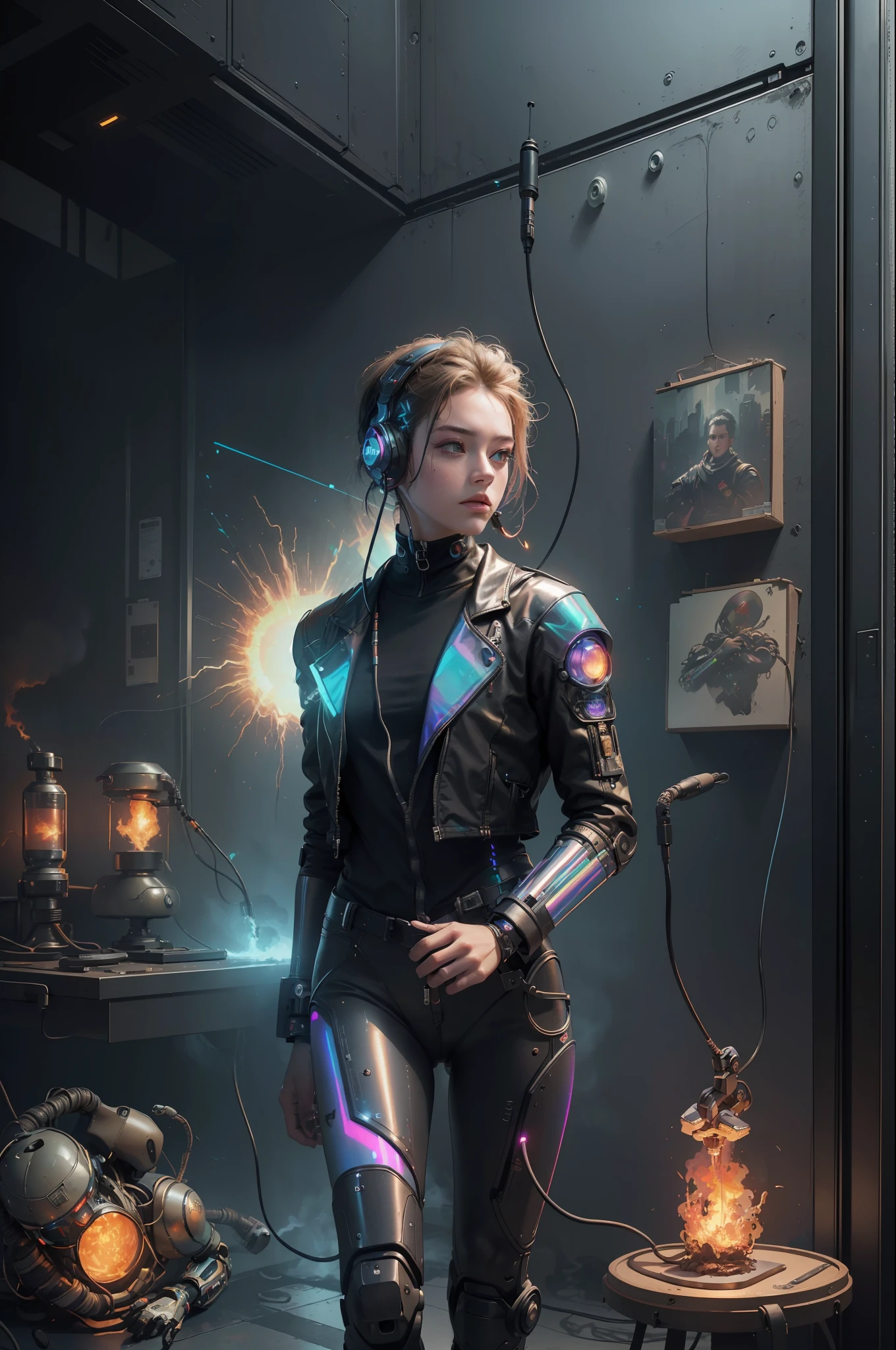 (Masterpiece, Best Quality, High Resolution, Absurd, Detail: 1.2), Humanoid, Robot, Wearing Headphones, Looking Away, (Cyberpunk, Art Canvas, Brush, Easel, Iridescent Colors, Holographic: 1.6), Male, (Cable, Wire, Flame, Fire, Smoke, Overheating, Explosion, Indoor, Room, Simple Background)