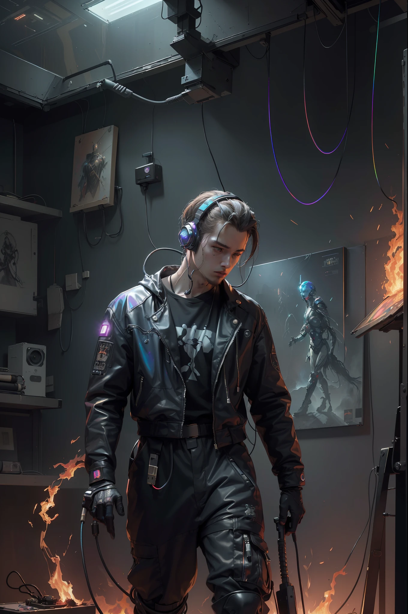 (Masterpiece, Best Quality, High Resolution, Absurd, Detail: 1.2), Humanoid, Robot, Wearing Headphones, Looking Away, (Cyberpunk, Art Canvas, Brush, Easel, Iridescent Colors, Holographic: 1.6), Male, (Cable, Wire, Flame, Fire, Smoke, Overheating, Explosion, Indoor, Room, Simple Background)