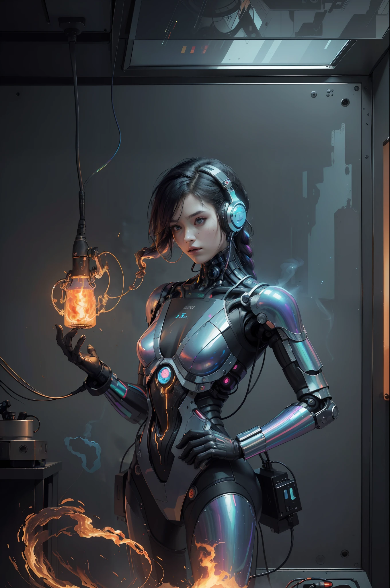 (Masterpiece, Best Quality, High Resolution, Absurd, Detail: 1.2), Humanoid, Robot, Wearing Headphones, Looking Away, (Cyberpunk, Art Canvas, Brush, Easel, Iridescent Colors, Holographic: 1.6), Male, (Cable, Wire, Flame, Fire, Smoke, Overheating, Explosion, Indoor, Room, Simple Background)