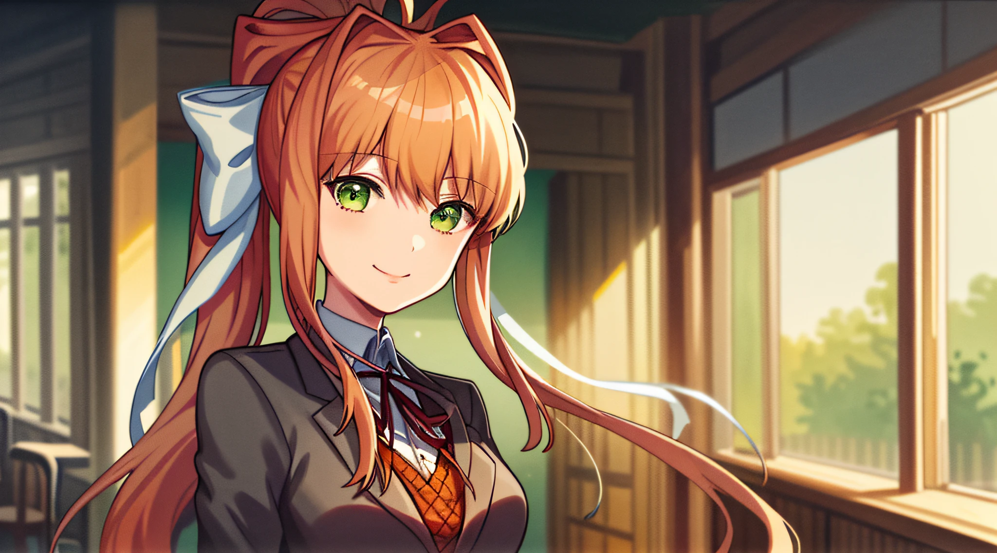 (2d),masterpiece, best quality, best anime illustration, highly detailed, distant view, (1girl), solo, (Monika:1.3), green eyes, very long hair, ponytail,(school uniform:1.2), standing, straight-on(2:1), smile.