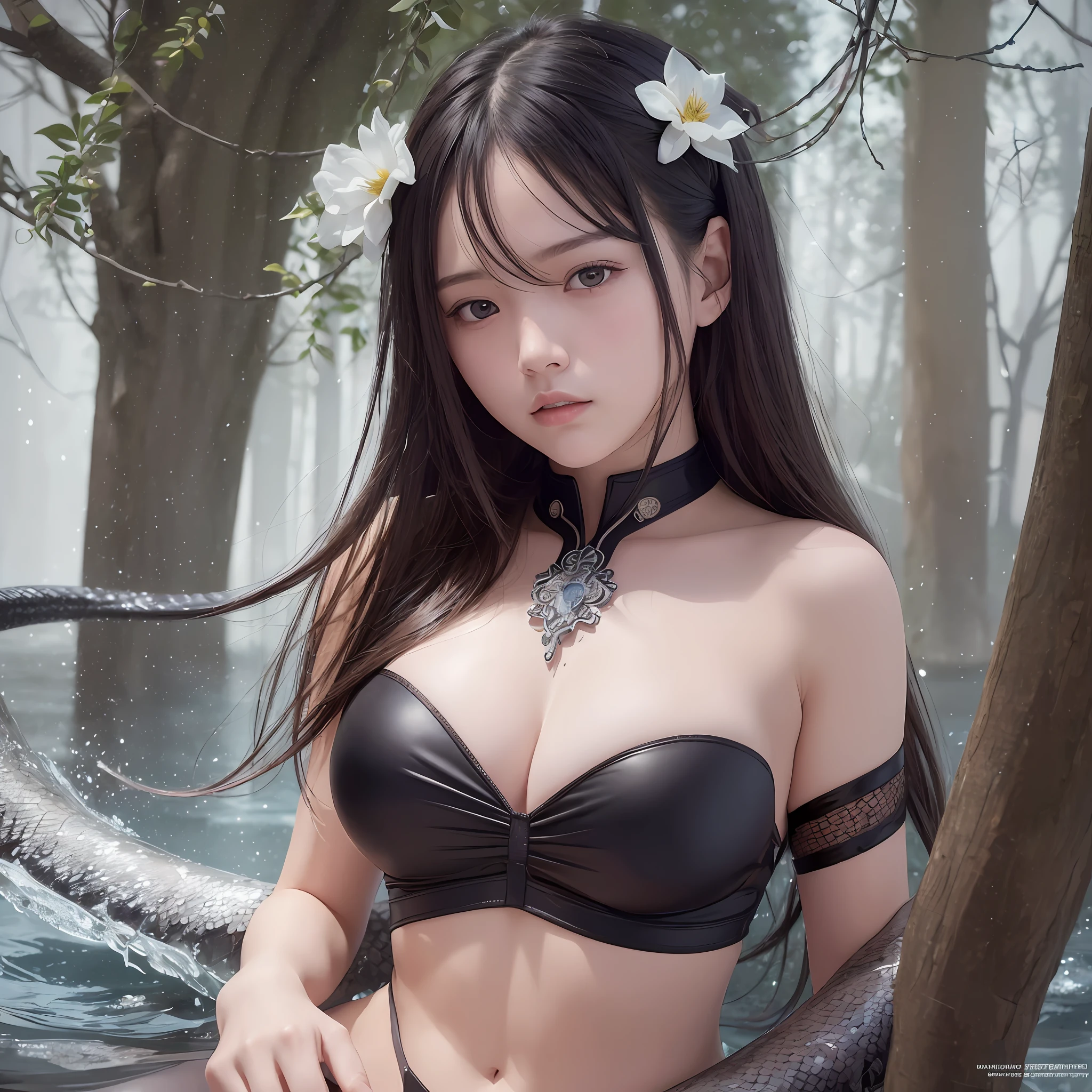 (Ultra Realistic), (Illustration), (Increased Resolution), (8K), (Extremely Detailed), (Best Illustration), (Beautiful and Detailed Eyes), (Best Quality), (Ultra Detailed), (Masterpiece ), ( wallpaper), (detailed face), solo, 1 girl, looking at viewer, Her skin was as white as snow, The black shirt is slightly tighter, Hook a delicate body, The arc is as smooth as flowing water, The girl's waist is slightly curved like a water snake
