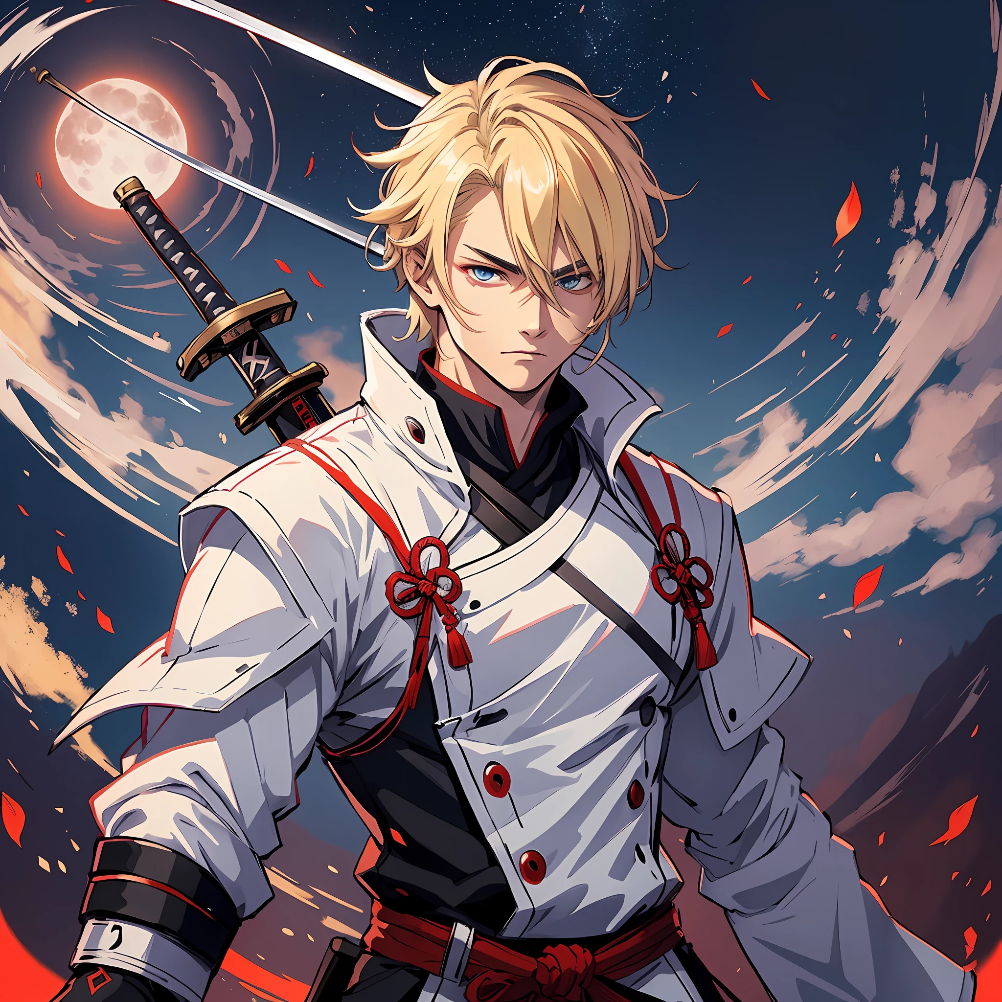 Samurai male,white,with blonde hair,with a black sword,with the eyes of relámpago,at night,full moon,red full moon,Hd,best picture,wallpaper,anime photography,drawing, hd --auto --s2