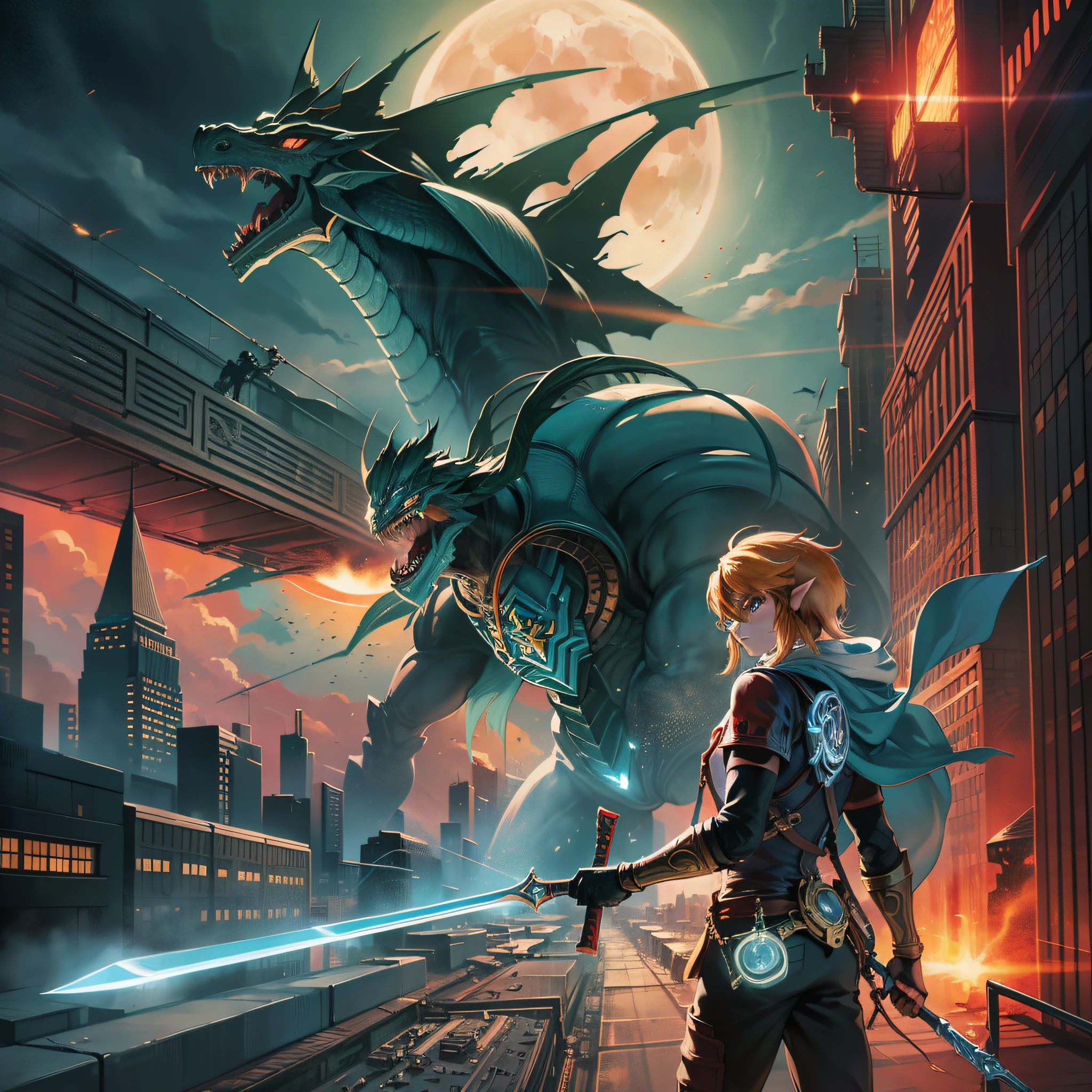 Link, Link from Legend of Zelda, holding a sword, on a motorcycle, city in the background, red smoke in the sky, sunset, moon, cyberpunk, future, science fiction, huge robot dragon in the background, explosions, Ganon from Legend of Zelda, poster
