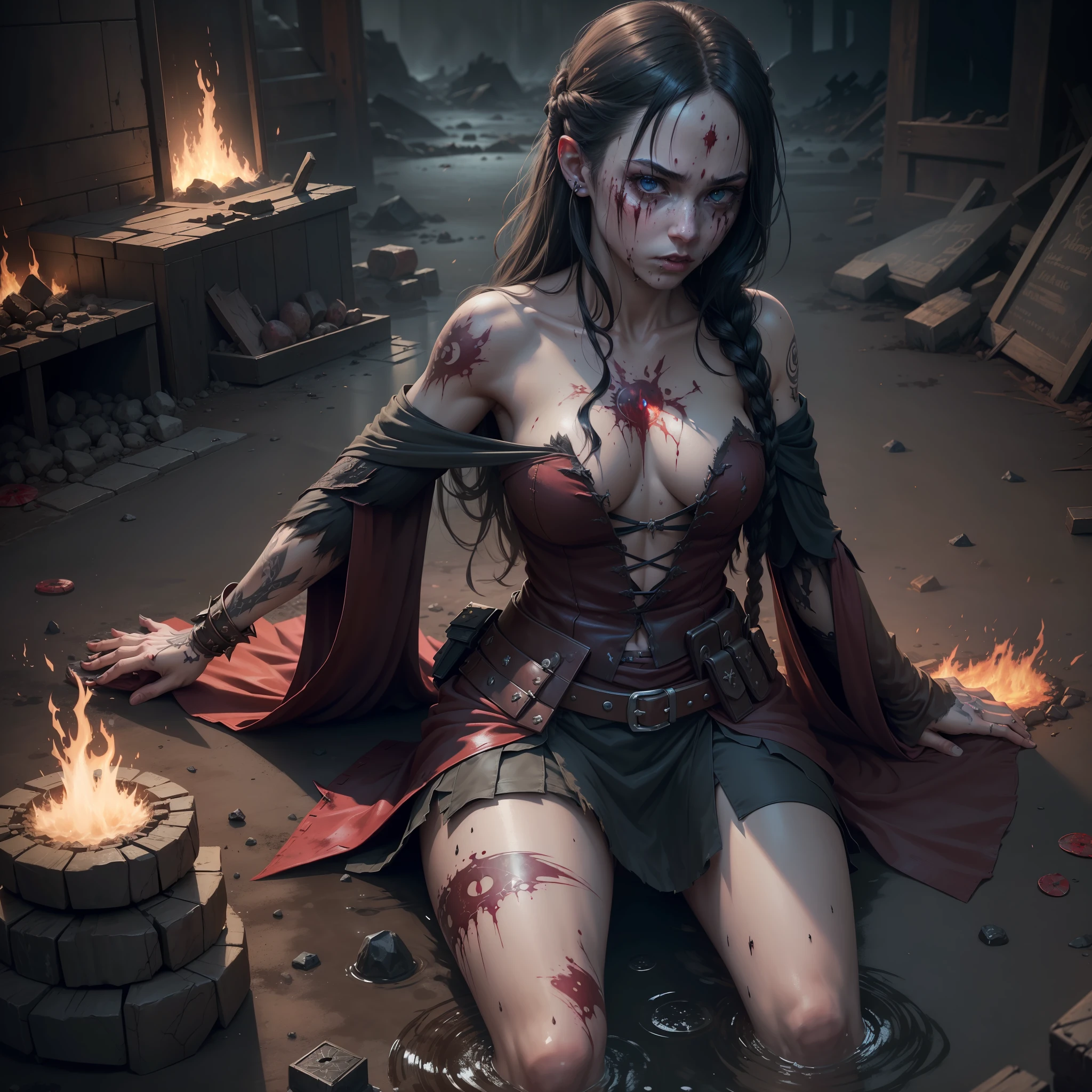 action, fantasy, Failed magic, Post-battle battlefield, battle, (maintenance, high quality, Epic realistic, High Resolution, epic Detailed:1.2), 1girl (Young Dark Sorceress), artstation, night, anger, (blood splatters, Corpses, Tattoo, trappings, fire, water, Bloody fog, ash), up to half of the body, intricate detail