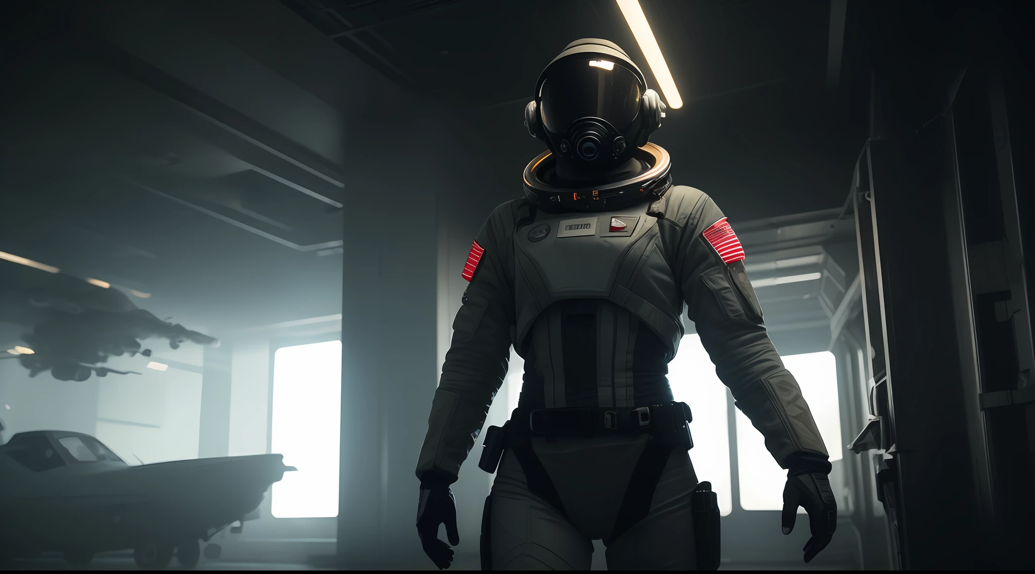 Armed female figure in a white science fiction suit (astronaut), in the spaceport, against the background of a science fiction ship taking off, cloudy, mask, science fiction visor, science fiction lens, science fiction respirator, bald head, plate armor, isolated armor, third-person view from below, many fine details in the style of 'chase' by gesaffelstein,  photorealistic, cinematic lighting, dark atmosphere, volumetric lighting, action pose, epic scene, many fine details, film style, photography, natural textures, natural light, natural blur, photorealism, cinematic rendering, ray tracing, highest quality, highest detail, cinematic, blur effect, long exposure, 8K, Ultra-HD, natural lighting, moody lighting, cinematic lighting, hyper-realistic, vibrant, 8k, detailed, ultra detail