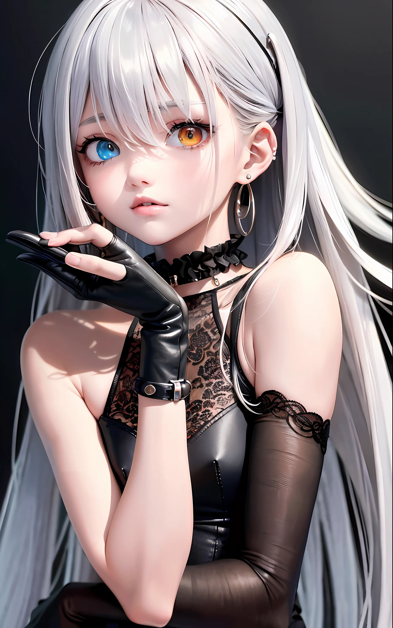 Best, Masterpiece, High Resolution, Best Quality, Ultra HD, Super Detail, Award-Limited, 16k, (Upper Body), Beautiful Girl, Gray Hair, Hair, ((Heterochromia)), Hanging Corners, Fair Skin, (Small), (Slim Body), ((Military Dress)), Stud Earrings, (Neck Ring), (Short Glove as Short as Half the Palm)