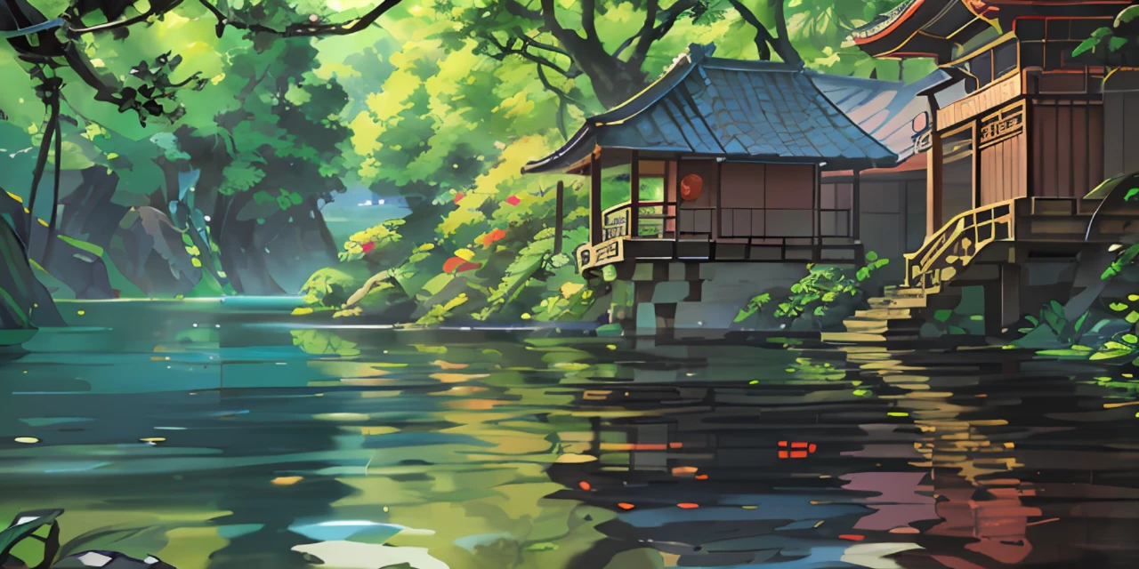 Chinese ancient times, spring, jungle, lake, cave, waterfall, tree, meadow, rock, deer, hot spring, water vapor, (illustration: 1.0), epic composition, realistic lighting, HD details, masterpiece, best quality, (very detailed CG unified 8k wallpaper) --v 6