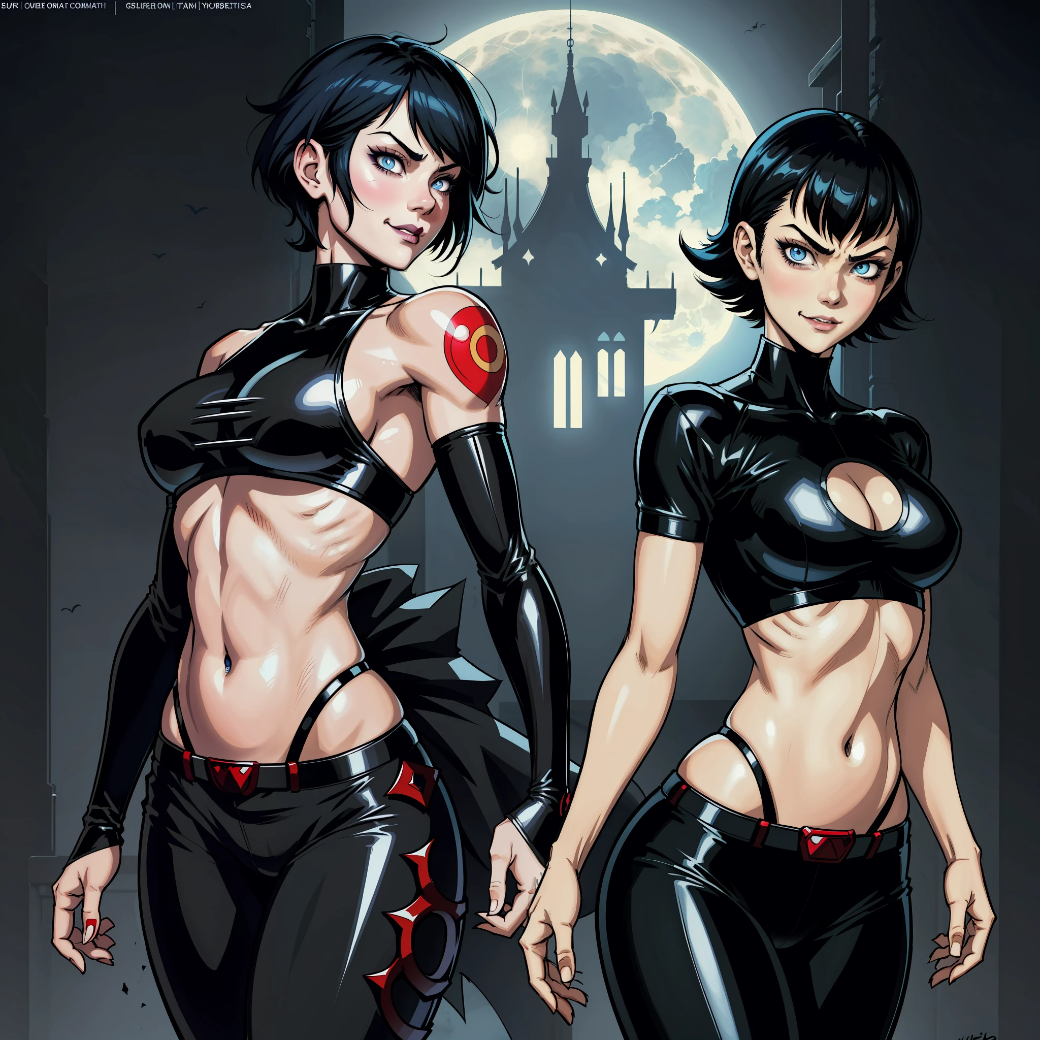 character concept art with the character front of back and side, menacing pose, 1girl, fair skin, Yusuke Murata style art, Yusuke Murata style, girl alone, short hair, black hair, blue eyes, anime girl with tattoos on right arm, anime digital art, beautiful anime girl, female anime girl, anime art, muscular!, big oppai,  Ilya Kuvshinov, anime badass 8k, anime art, cuberpunk hair, very attractive, sensual, gothic, blue vampire eyes, cute face, smiling, short black hair, perfect body, fit body, abdomen, large breasts, chubby butt, gothic clothes, cyberpunk clothes, vampire clothes, muscular, simple background with the moon, pale skin, vampire, seductive face,