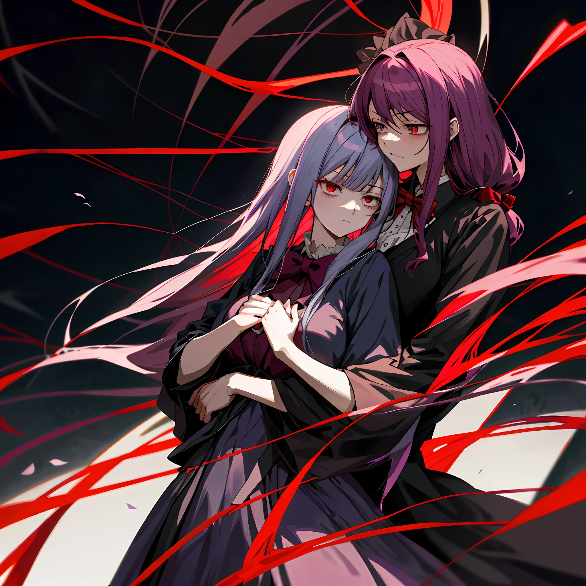Anime style - Shalltear characters derived from Marin Kitagawa fanart, Yandere Grimdark Gapmoe temperament, long bow tie hair, hands hugging chest, full of cuteness, Incomplexate's Yandere and Shingei's creative style characteristics, in line with manga character characteristics, zero zen portrait style presentation.