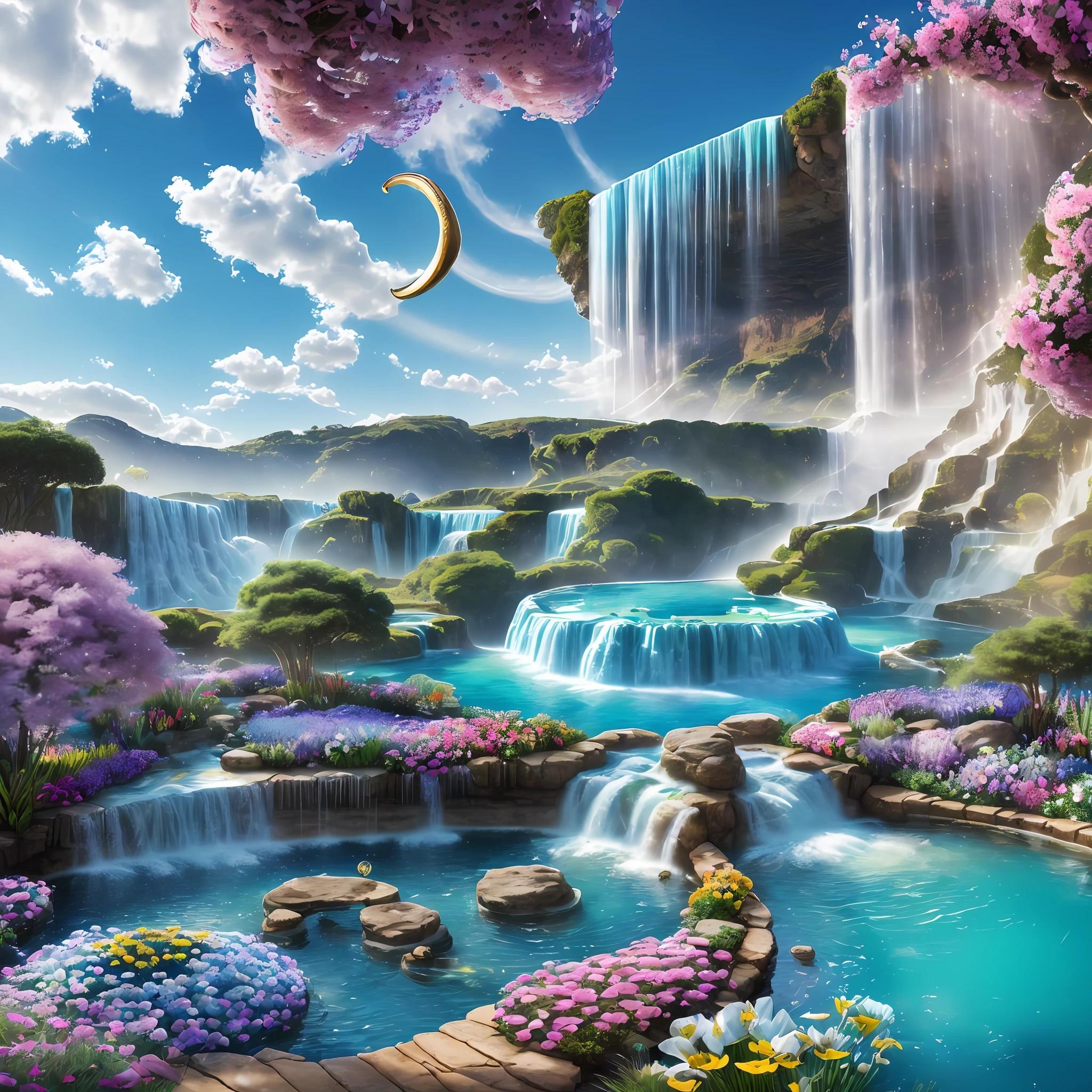 (best quality, photorealistic image representative of wedding ring and unity, 1 shofar of ram's horn, Hebrew, NO PEOPLE, kingdom of god, (blue sky with brightness, rays of sun, waters, waterfall, garden of very colorful flowers extending in the background), prophetic atmodfera in the foreground: . --auto --s2