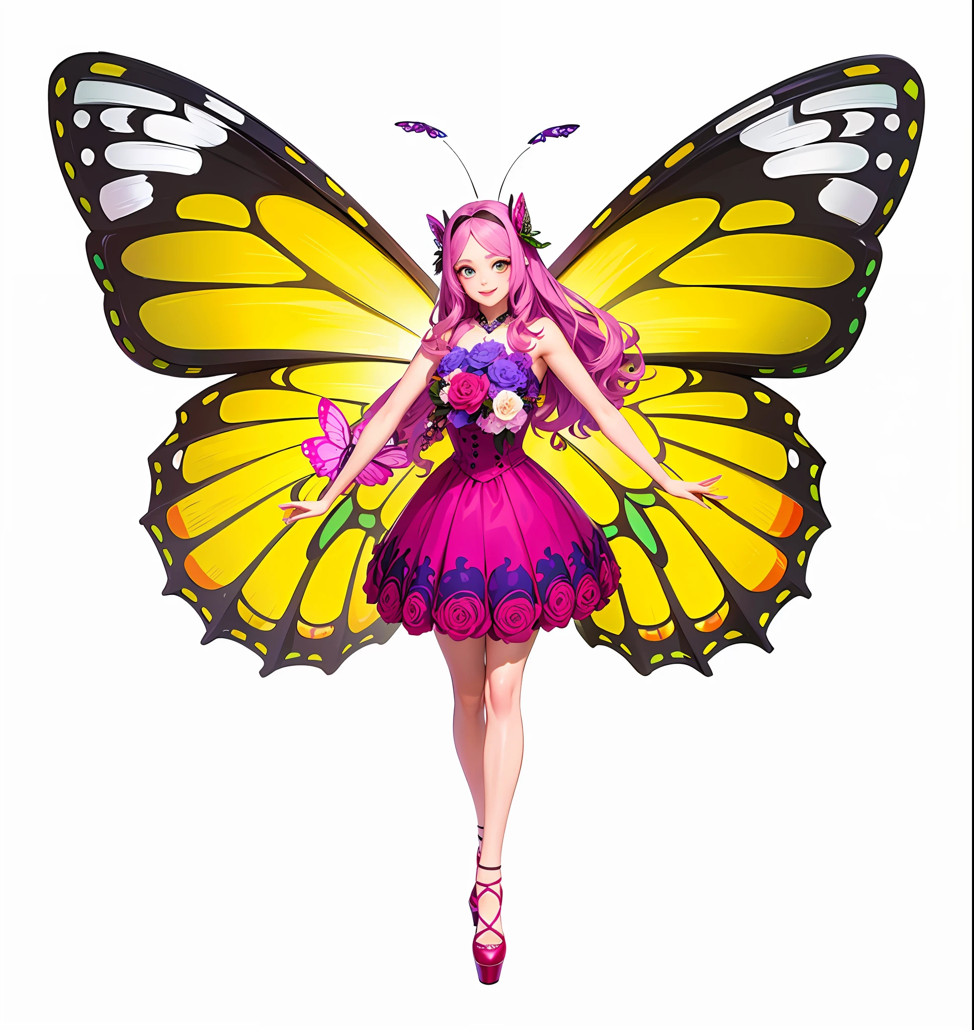 (super detailed background, detailed background), ridiculous, high resolution, super detailed, extremely detailed, 1girl, butterfly fairy, (bouquet: 1.3), (zentangle: 1.2), (geometry: 1.2), (color), ((smile, nice big eyes)))