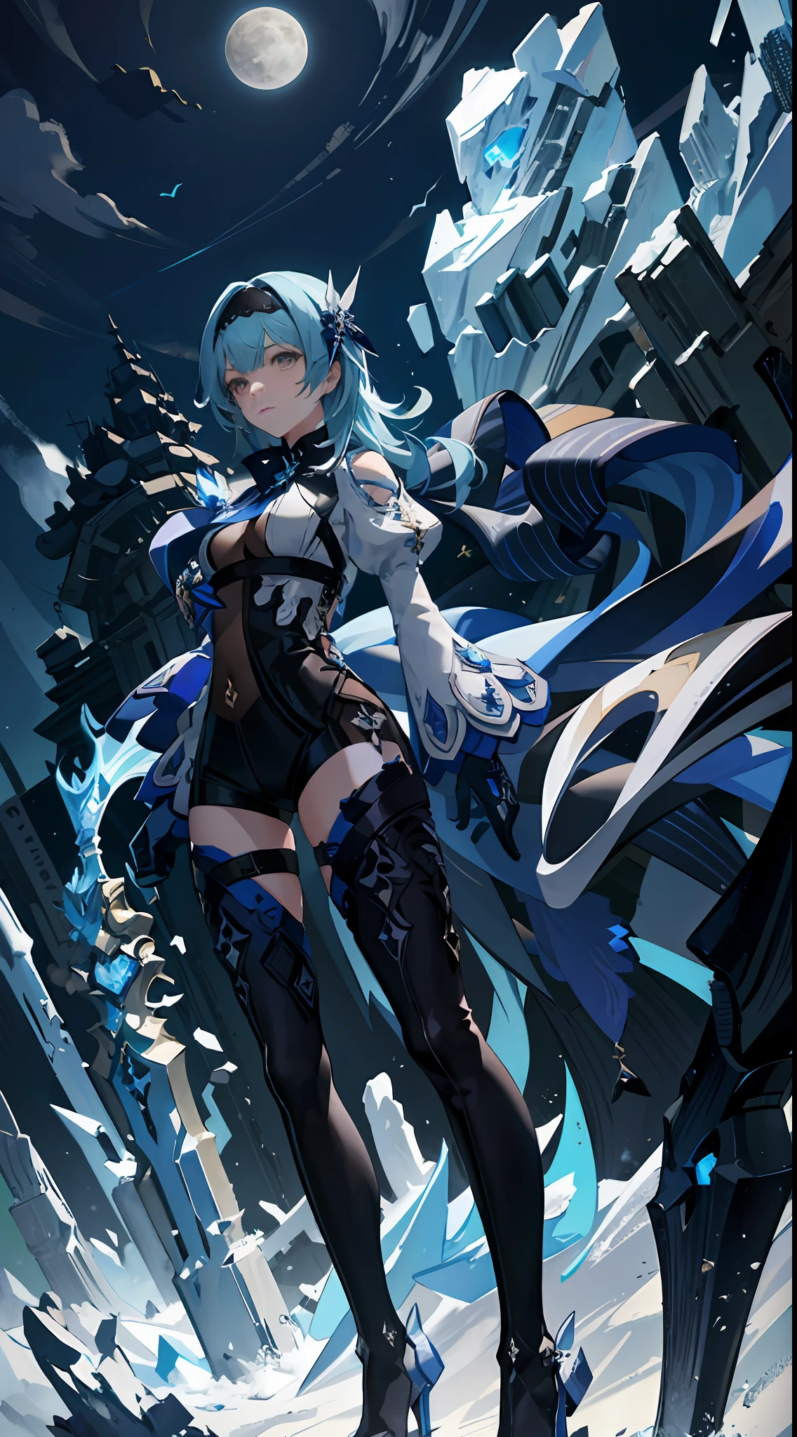 1girl, (solo), ((masterpiece)), (shadow), [slim], (small breasts:1.2), (detailed), cinematic lighting, (textured skin), ((8k)), ((very clear)), drop shadow, focused, shading, tracing, smooth, euladef, overcoat, icy (effect), ice (aura), swords, moon, from below, low shot, sky, moon, blue hair