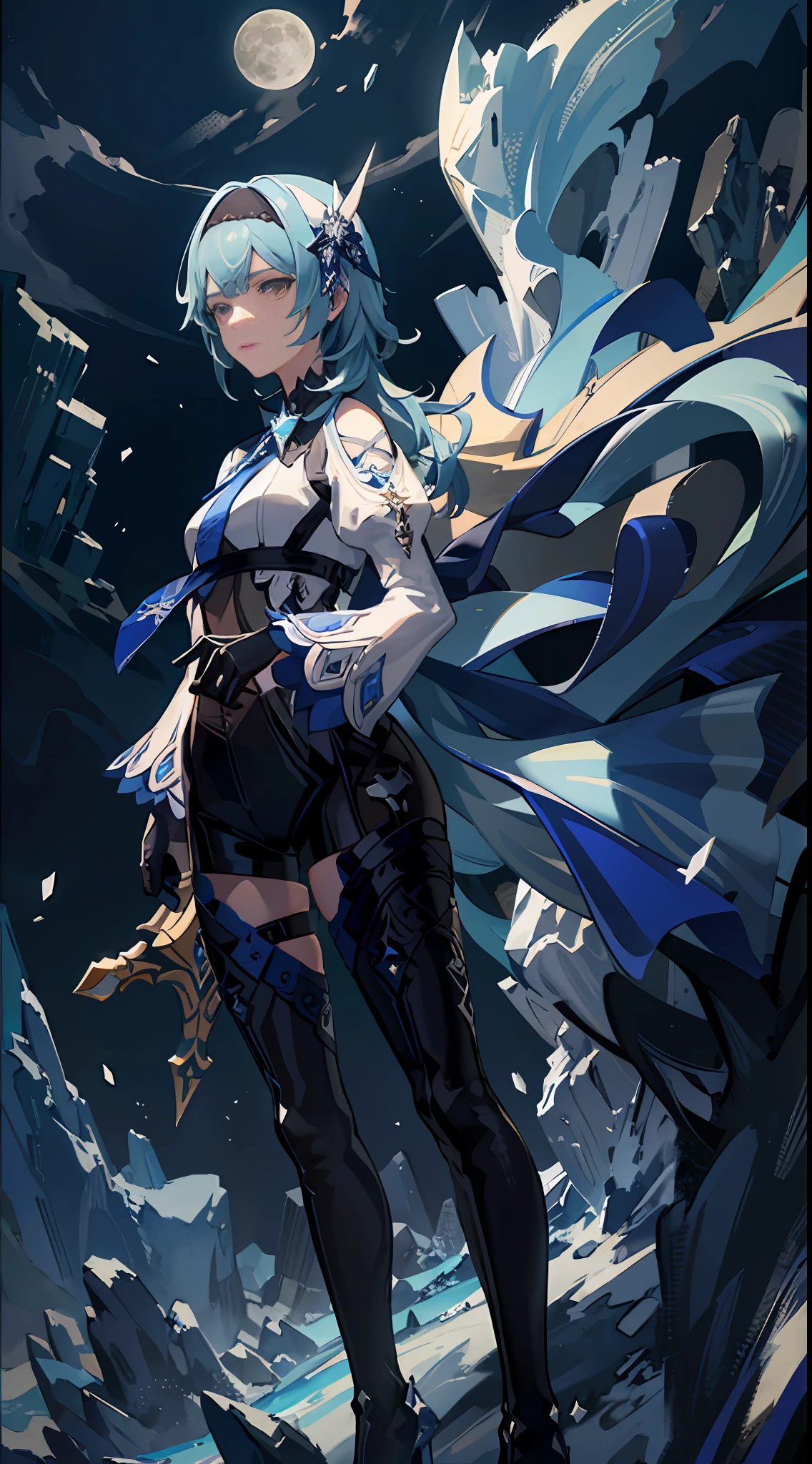 1girl, (solo), ((masterpiece)), (shadow), [slim], (small breasts:1.2), (detailed), cinematic lighting, (textured skin), ((8k)), ((very clear)), drop shadow, focused, shading, tracing, smooth, euladef, overcoat, icy (effect), ice (aura), swords, moon, from below, low shot, sky, moon, blue hair