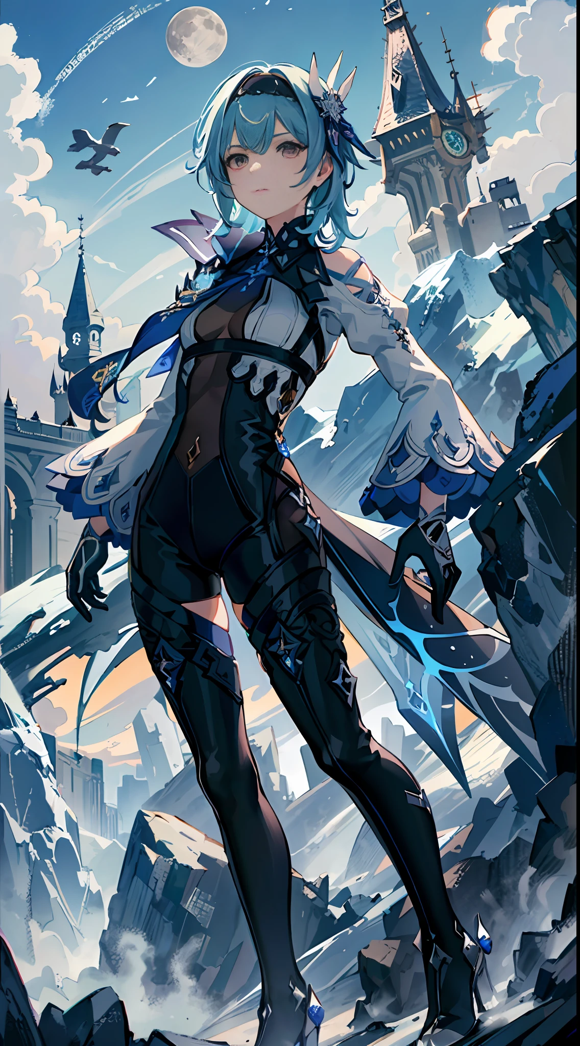 1girl, (solo), ((masterpiece)), (shadow), [slim], (small breasts:1.2), (detailed), cinematic lighting, (textured skin), ((8k)), ((very clear)), drop shadow, focused, shading, tracing, smooth, euladef, overcoat, icy (effect), ice (aura), swords, moon, from below, low shot, sky, moon, blue hair