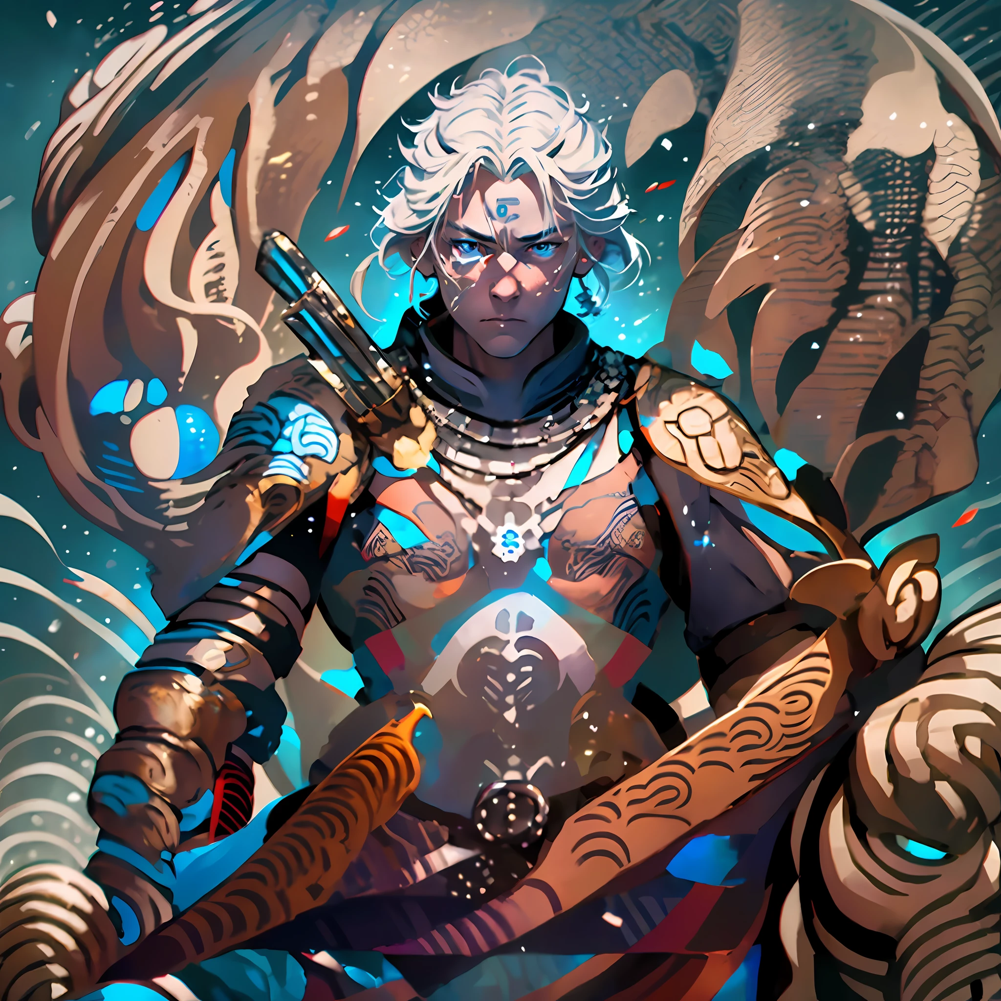 Samurai male,white,with blonde hair,with a white sword,with blue eyes,at night,full moon,Hd,best picture,wallpaper,anime photography,drawing,hd,he is on top of a skeleton horse with fire --auto --s2