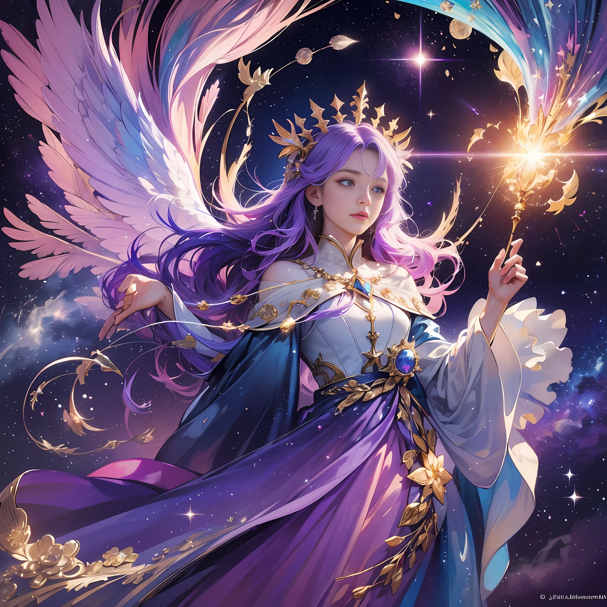 (Masterpiece, Top Quality, Best Quality, Extreme Detail, Best Detail, Official Art, Beauty and Aesthetics: 1.2), Colorful, Denim Lenses, Beautiful Face, Korean Idol, Solo, Perfect Body, (Above the Clouds in the Sky: 1.6), Fairy, Flowing Streamer, Sun Rays, Clouds, Full Body, Han Cloth, White Dress, Universe, Starry Sky, Night, Starry Sky, Jewelry, Dress Feathers, Angel Wings, Light Particles, Volume Lighting, Ray Tracing, (Flowing Streamer: 1.1), (Fantasy Novel: 1.2), Illuminator, Stars, Fantasy, High Contrast, Ink Strokes, Overexposed, Impressions of Purple and Red tones, Abstract, (Watercolor by John Burkey and Jeremiman), Brush Strokes, Crystal Sorcerer, Crystal Glass Sphere on Hand, Magnificent ethereal atmosphere, updrafts and crystal crowns