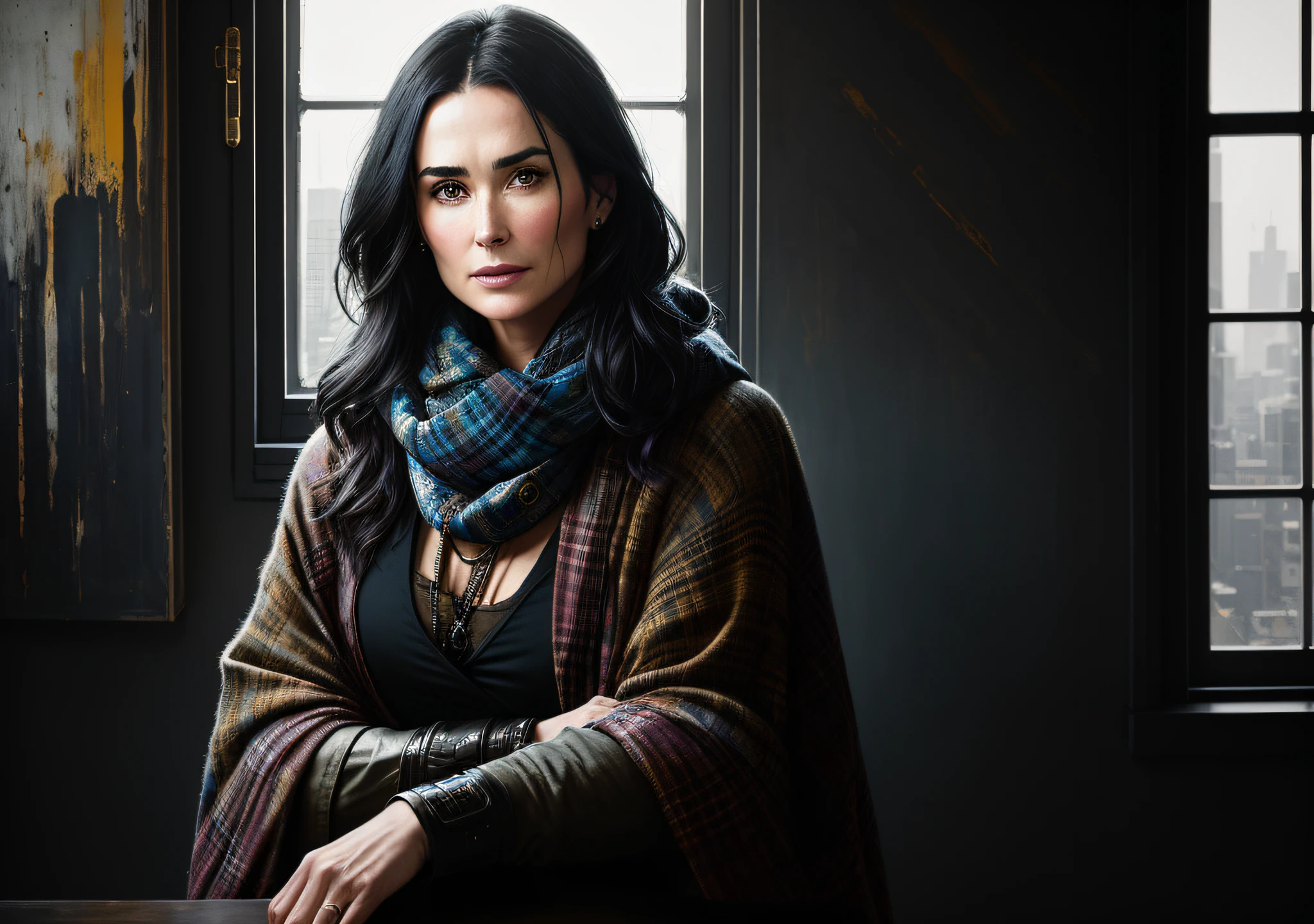 Actress Demi Moore, dark photo: with the body covered, sitting in an old window, realistic epic, halo portrait, blue eyes, plaid scarf, white hair of Atey Ghailan, of Greg Rutkowski, of Greg Tocchini, of James Gilleard, of Joe Fenton, of Kaethe Butcher, yellow gradient, black, brown and magenta color scheme, grunge aesthetic!!! Graffiti brand wall background, art by Greg Rutkowski and Artgerm, soft cinematic light, Adobe Lightroom, Photo Lab, HDR, intricate, highly detailed, (depth of field: 1.4), faded, (neutral colors: 1.2), (HDR: 1.4), (soft colors:1.2), hyperdetailed, (Artstation:1.4), cinematic, warm lights, dramatic light, (intricate details:1.1), complex background, (Rutkowski:0.66), (blue and orange:0.4)