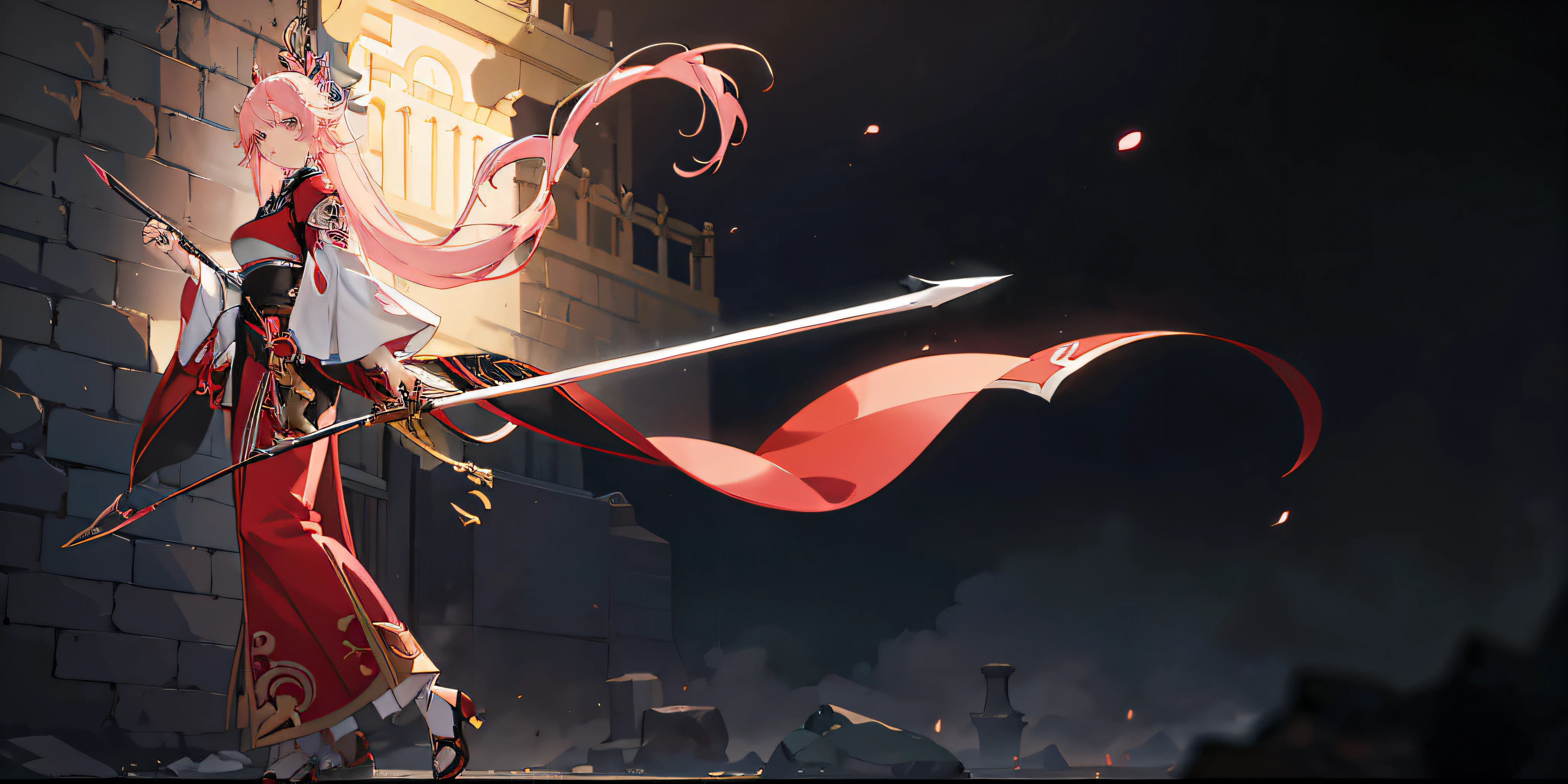 Anime characters fighting with crossbows and arrows in hand, high-detail official artwork, Keqing from Genshin Impact, key anime art with rich details, the style of Artgerm and Atey Ghailan, hair transitioning from black to pink, the karamon logo of the colorful world, characters from the atmosphere of Kennet San.