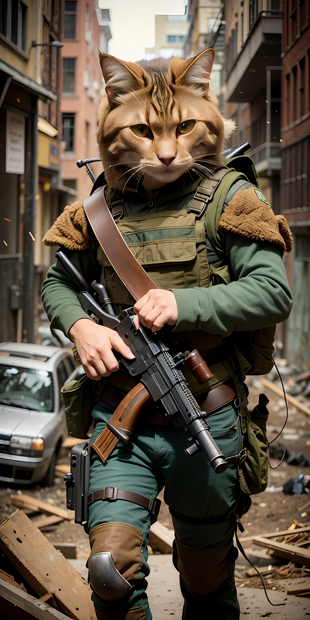 arafed cat with a gun and a rifle in a destroyed city, epic pencil illustration, military art, concept art like ernest khalimov, ready for combat, armored cat, great detail, by Tadeusz Pruszkówski, very coherent. high detail, cat detailed, cat warrior, by Adam Marczyński, very detailed illustration