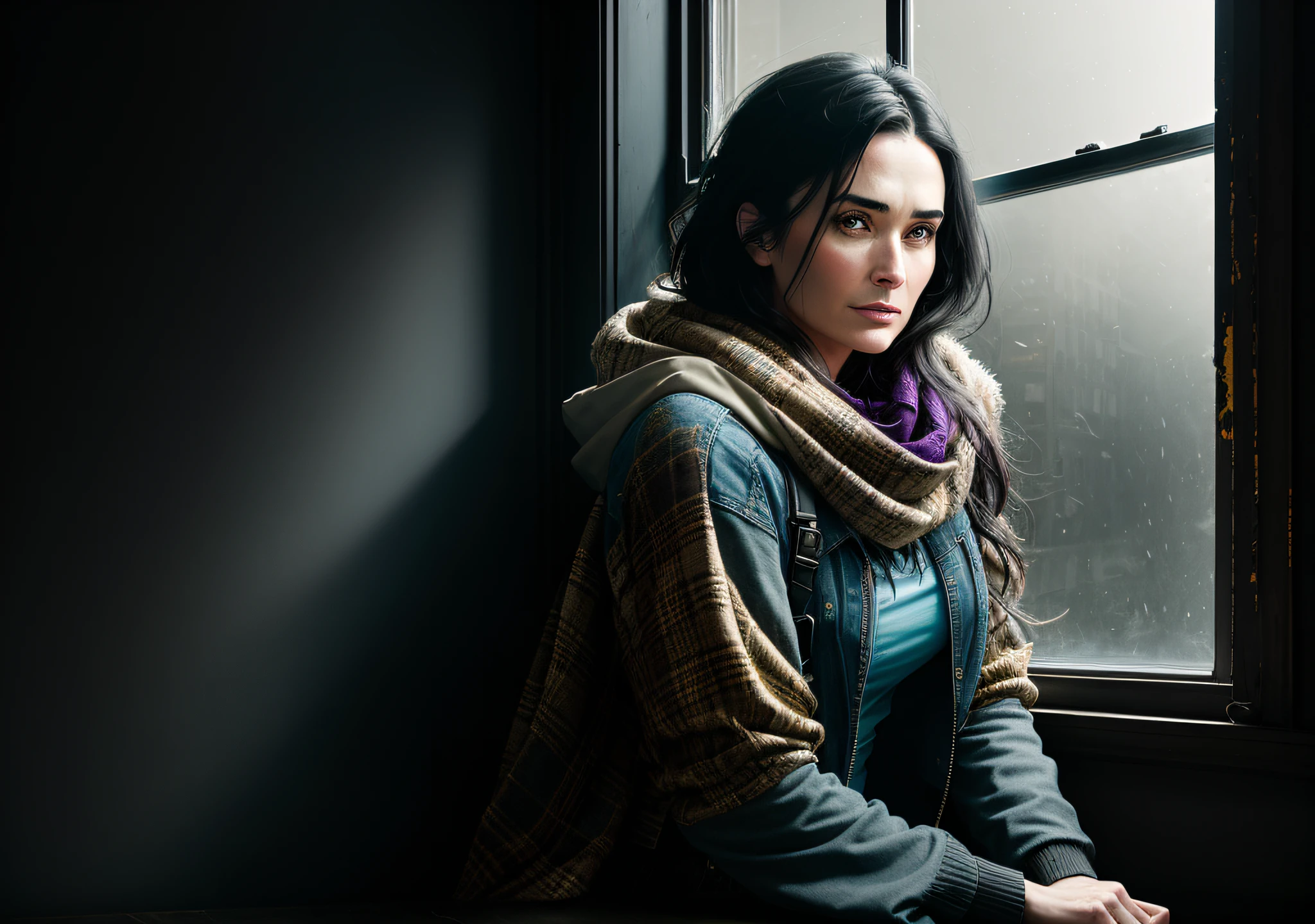 Actress Demi Moore, dark photo: with the body covered, sitting in an old window, realistic epic, halo portrait, blue eyes, plaid scarf, white hair of Atey Ghailan, of Greg Rutkowski, of Greg Tocchini, of James Gilleard, of Joe Fenton, of Kaethe Butcher, yellow gradient, black, brown and magenta color scheme, grunge aesthetic!!! Graffiti brand wall background, art by Greg Rutkowski and Artgerm, soft cinematic light, Adobe Lightroom, Photo Lab, HDR, intricate, highly detailed, (depth of field: 1.4), faded, (neutral colors: 1.2), (HDR: 1.4), (soft colors:1.2), hyperdetailed, (Artstation:1.4), cinematic, warm lights, dramatic light, (intricate details:1.1), complex background, (Rutkowski:0.66), (blue and orange:0.4)