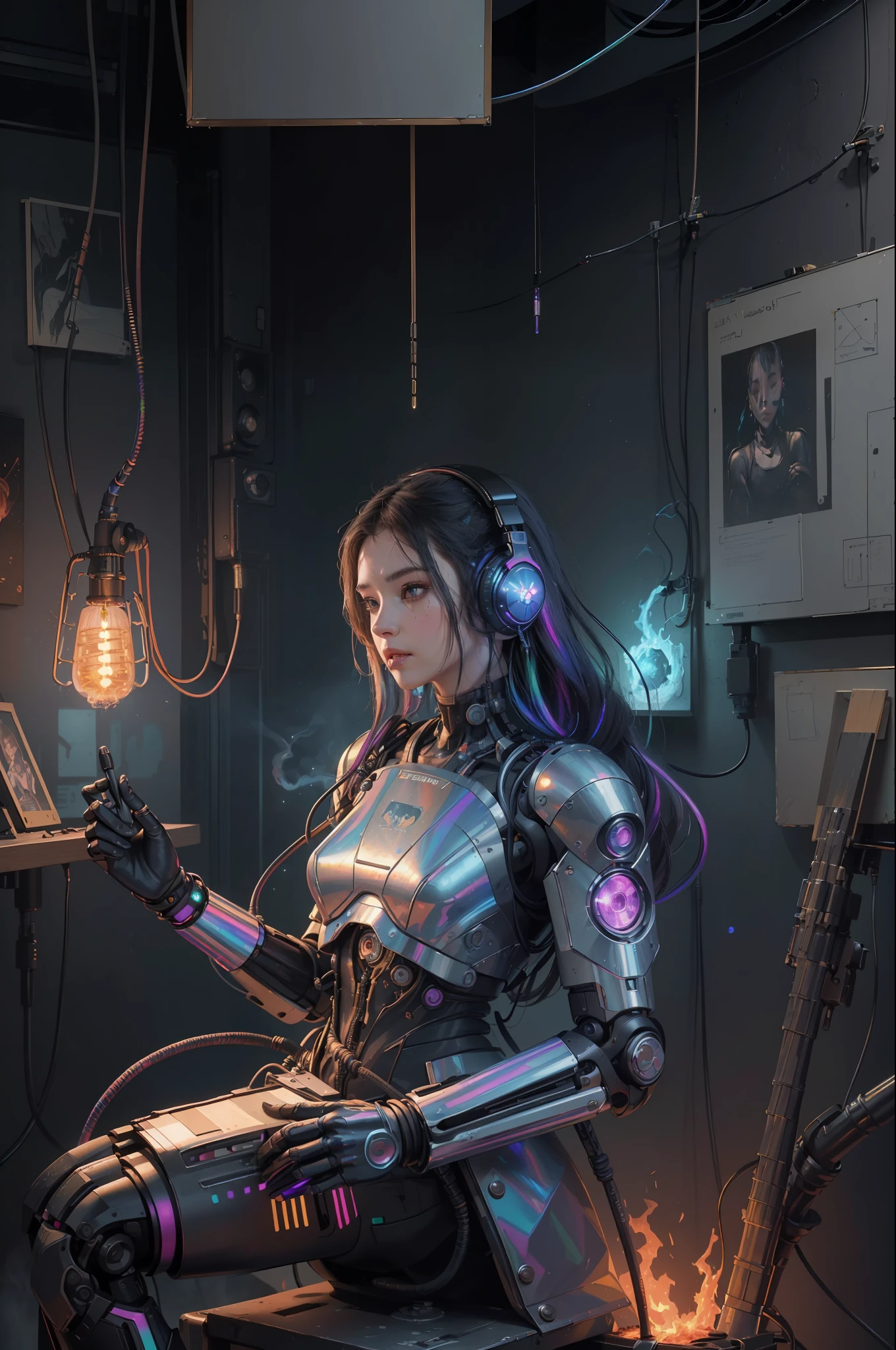 (Masterpiece, Best Quality, High Resolution, Absurd, Detail: 1.2), Humanoid, Robot, Wearing Headphones, Looking Away, (Cyberpunk, Art Canvas, Brush, Easel, Iridescent Colors, Holographic: 1.6), Male, (Cable, Wire, Flame, Fire, Smoke, Overheating, Explosion, Indoor, Room, Simple Background)