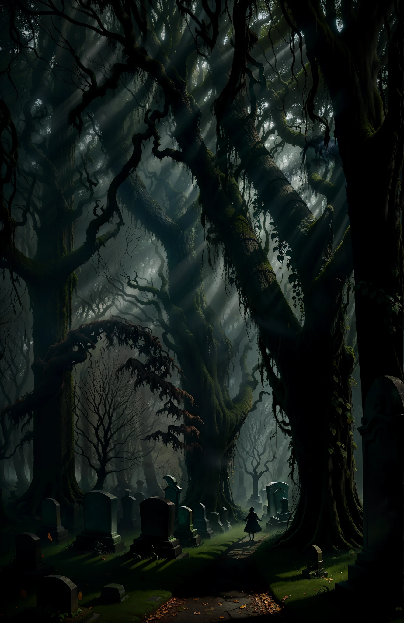 Imagine a gloomy, abandoned graveyard, covered in dense fog. In the background, sinister trees stretch out their twisted branches. In the center of the image stands an old, moss-covered tombstone named after a long-deceased child. A ghostly figure hovers over the tombstone, revealing the presence of the child's spirit. The light of the moon illuminates the place, creating ominous shadows. Mysterious whispers echo through the air, while dried leaves dance around. The image conveys a sense of mystery, awe and a special connection between the brave child and the spirit world. Use your creativity to represent this dark and intriguing atmosphere."
