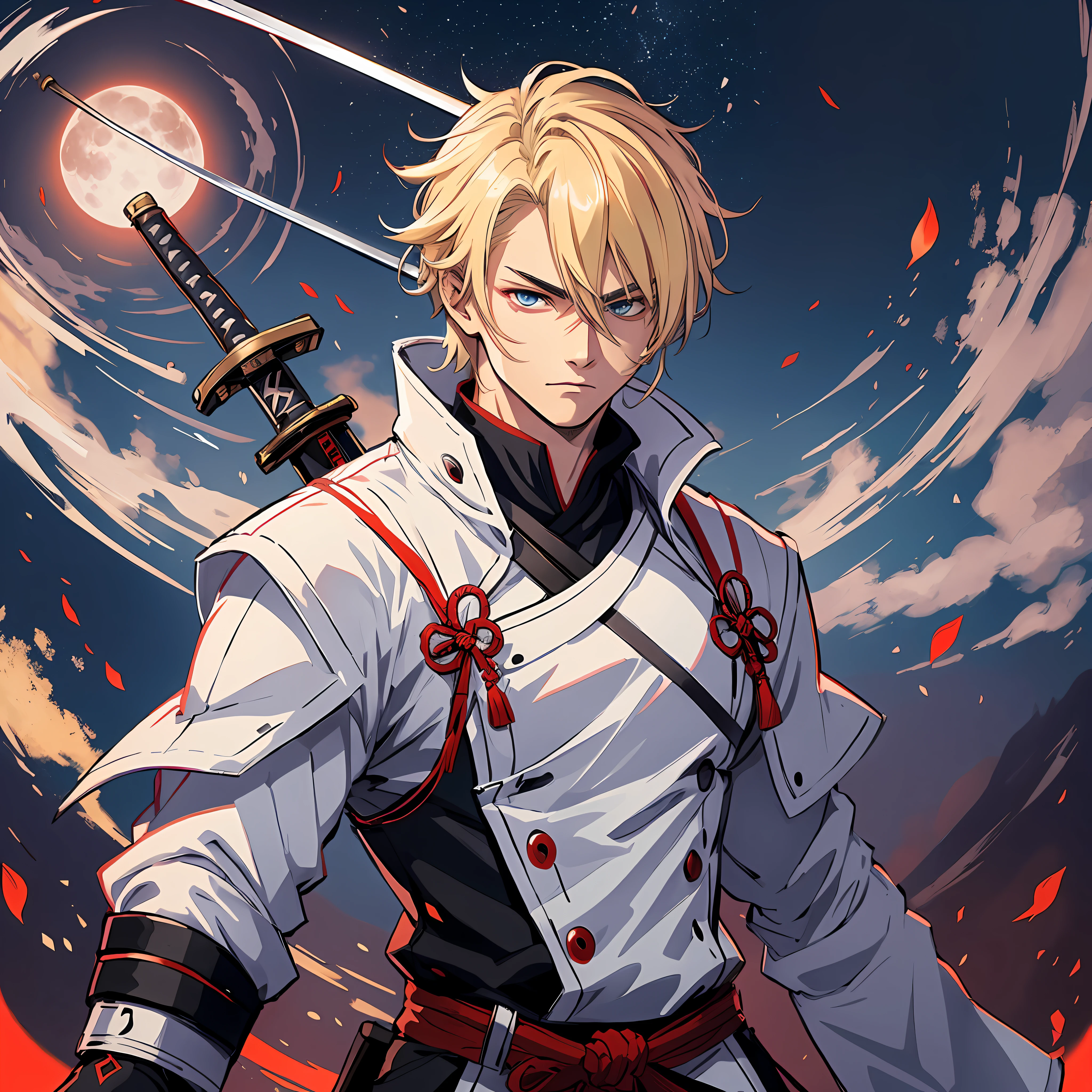 Samurai male,white,with blonde hair,with a black sword,with the eyes of relámpago,at night,full moon,red full moon,Hd,best picture,wallpaper,anime photography,drawing, hd --auto --s2