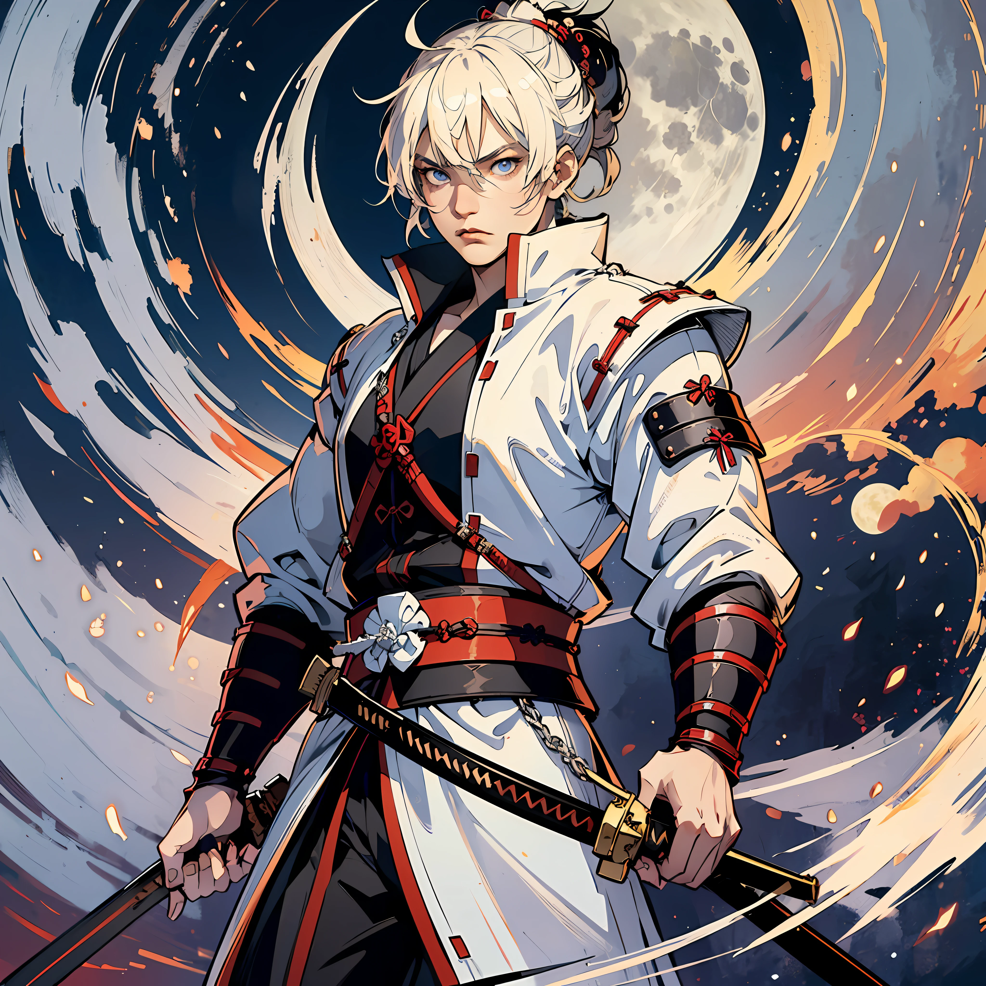 Samurai male,white,with blonde hair,with a black sword,with the eyes of relámpago,at night,full moon,red full moon,Hd,best picture,wallpaper,anime photography,drawing, hd --auto --s2