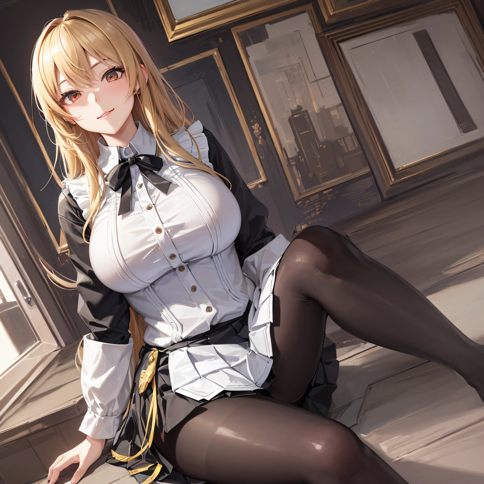 Dynamic angle, super detailed, illustrated, close-up, straightforward, mature girl, ((Souryuu Asuka Lanley, skirt, black stockings: 1.4, blonde hair)), (glowing eyes: 1.233), (beautiful and detailed eyes: 1.1), (smile), (sitting), (office), (night: 1.2), [huge: 0.55]:: 0.85], (detail legs), --auto --s2