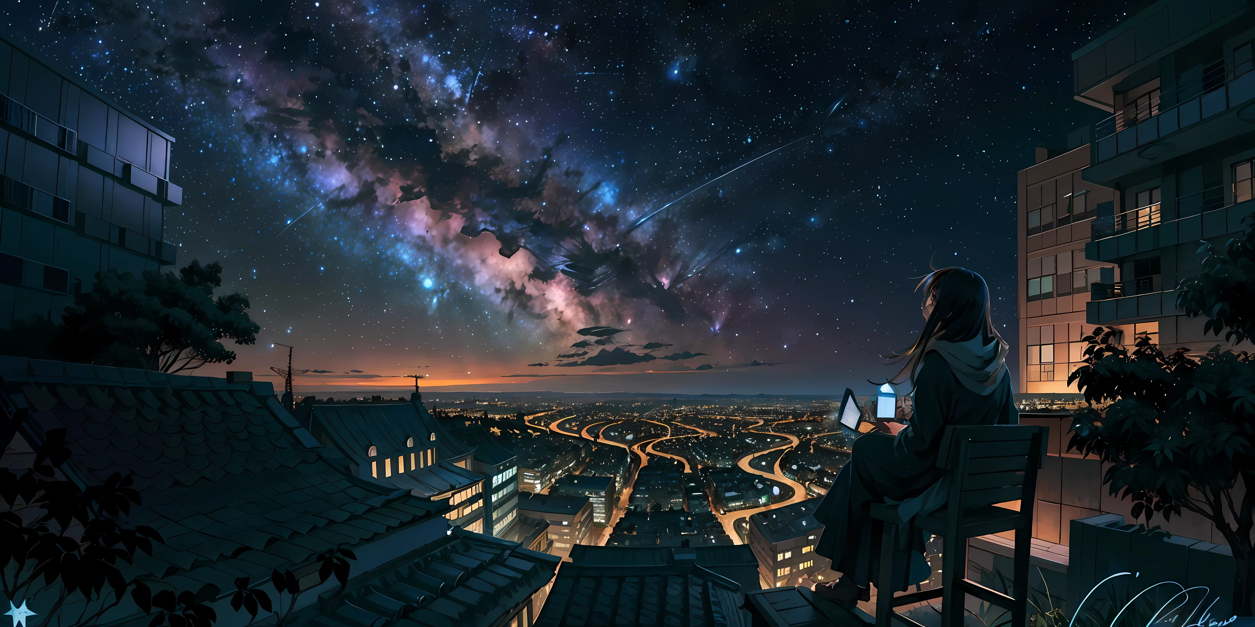 octans, sky, star (sky), scenery, starry sky, night, 1girl, night sky, solo, outdoors, signature, building, cloud, milky way, sitting, tree, long hair, city, silhouette, cityscape