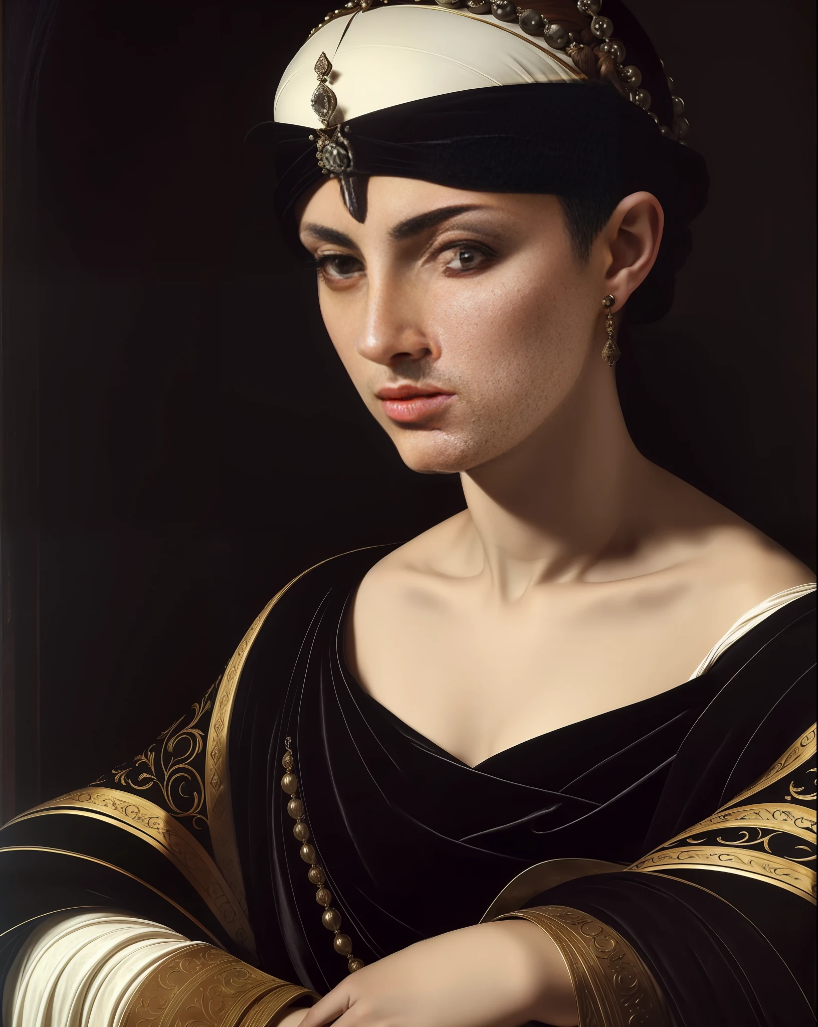 (best quality), portrait of Lucrezia Tornabuoni, (restrained elegance), (subtle and refined details), (dramatic lighting), (delicate facial features), (intense gaze), (fine garments), (medieval aesthetic), (soft background).(Caravaggio)