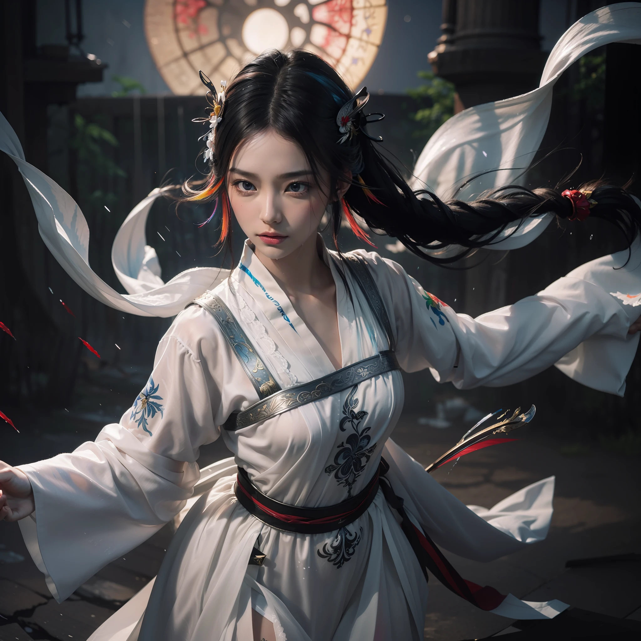 (8k, RAW photo:1.2),best quality, ultra high res,dramatic angle,(fluttered detailed color splashs), (illustration),(((1 girl))),(long hair),(rain:0.9),(hair ornament:1.4),there is an ancient palace beside the girl，White silk pantyhose，nudist，(focus on), color Ink wash painting,(color splashing),colorful splashing,(((colorful))),(sketch:0.8), Masterpiece,best quality, beautifully painted,highly detailed,(denoising:0.6),[splash ink],((ink refraction)), (beautiful detailed sky),moon,highly,detaild,(masterpiece, best quality, extremely detailed CG unity 8k wallpaper,masterpiece, best quality, ultra-detailed),(Lycoris radiata),