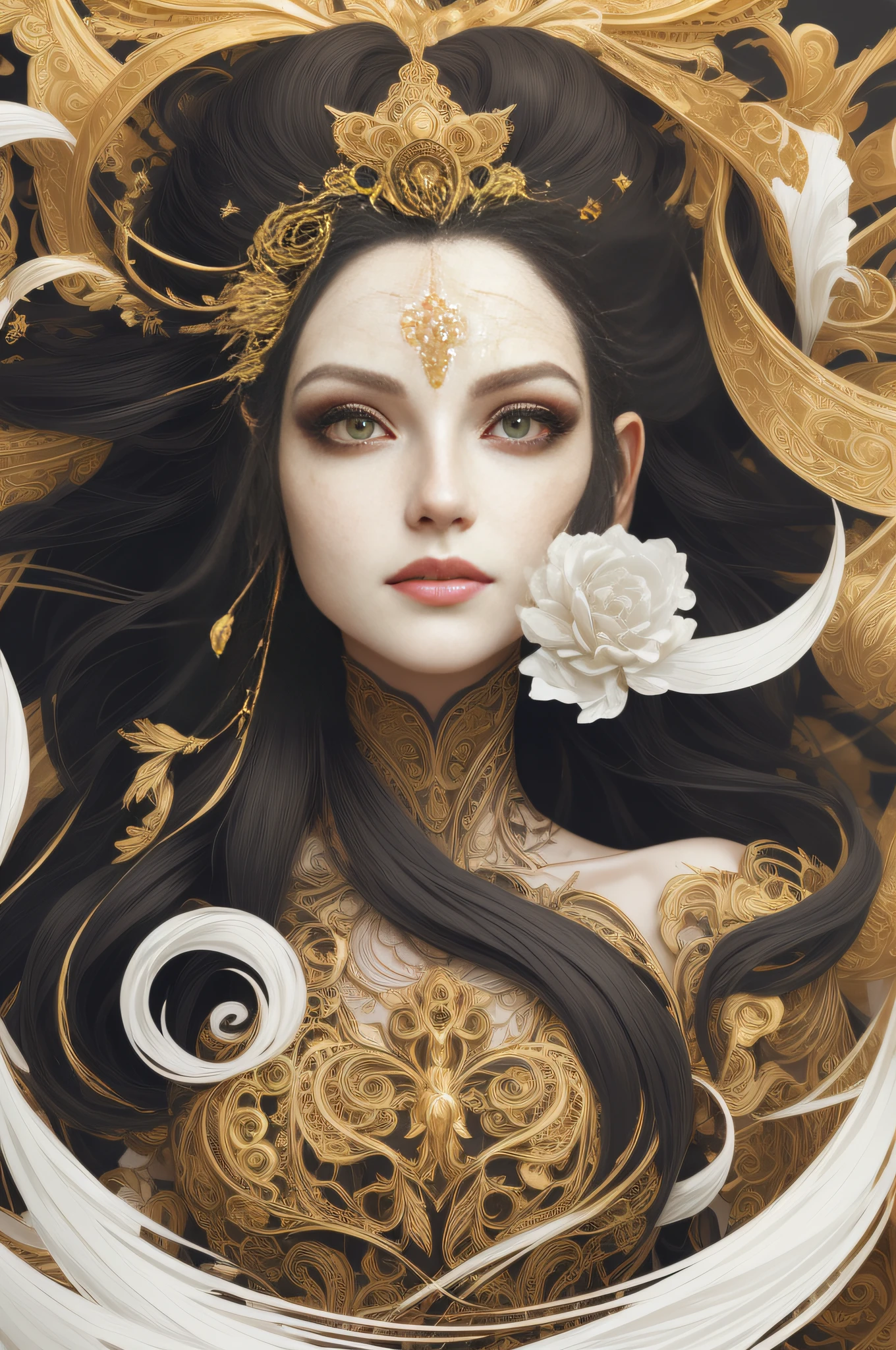 (analog style),(photorealistic:1.3), (skeleton like:0.4), ((female ornate princess)), (with white long flowing hair), (bright beautiful eyes), trending on artstation, flowers of hope by Jean-Honor Fragonard, Peter mohrbacher, hyper detailed, insane details, stunning, intricate, elite, art nouveau, ornate, liquid wax, elegant, luxury, Greg Rutkowski, ink style, sticker, vector-art beautiful character design, double exposure shot, luminous design, award winning, masterpiece, amoled black background, pale skin, subsurface scattering,
