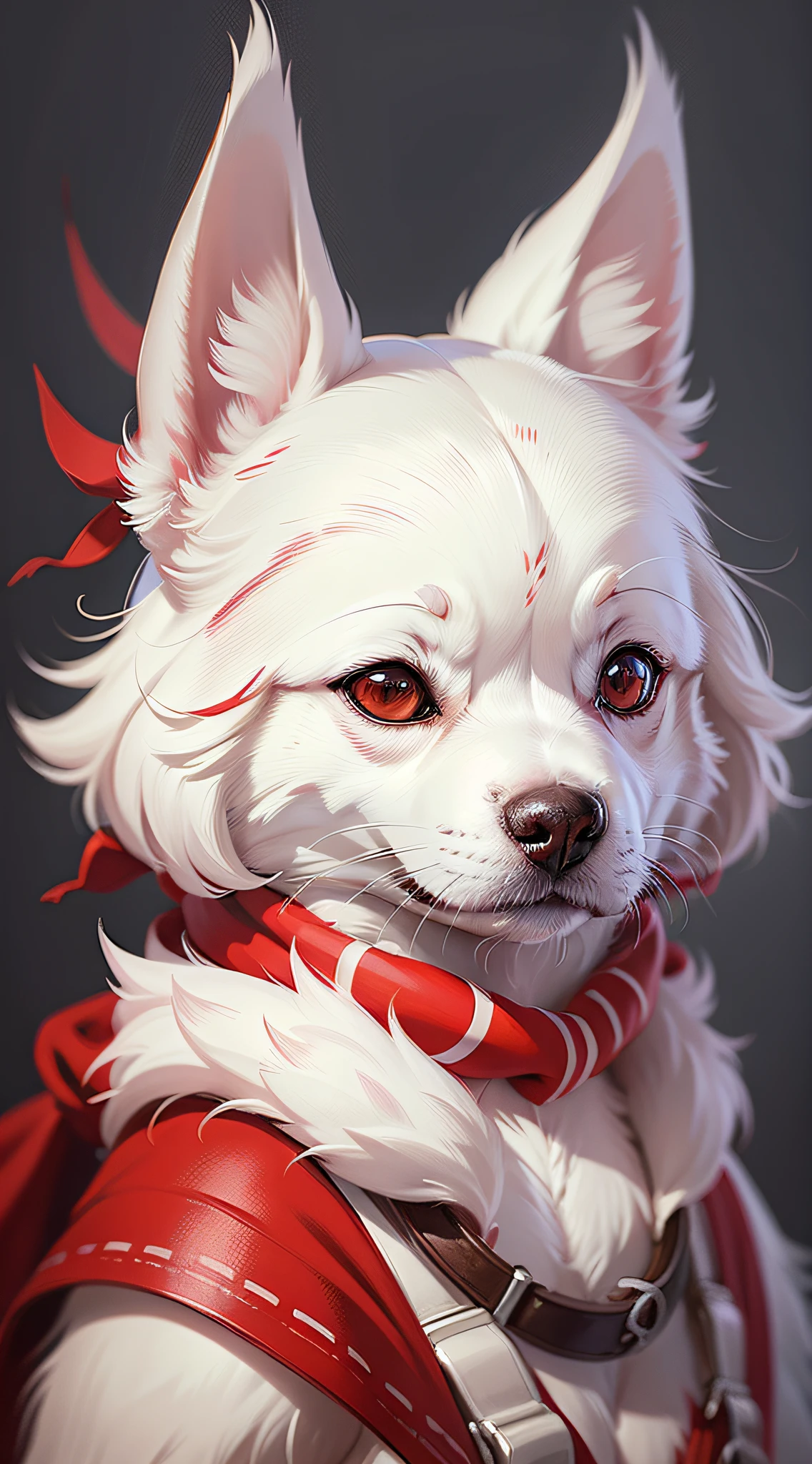 painting of a white dog with a red scarf and a red scarf, a digital painting inspired by WLOP, Artstation contest winner, furry art, adorable digital painting, cute detailed digital art, cute digital art, cute detailed artwork, furry character portrait, kawaii realistic portrait, cute portrait, painting of cute dog, detailed fanart, fursona art, kawaii cute dog