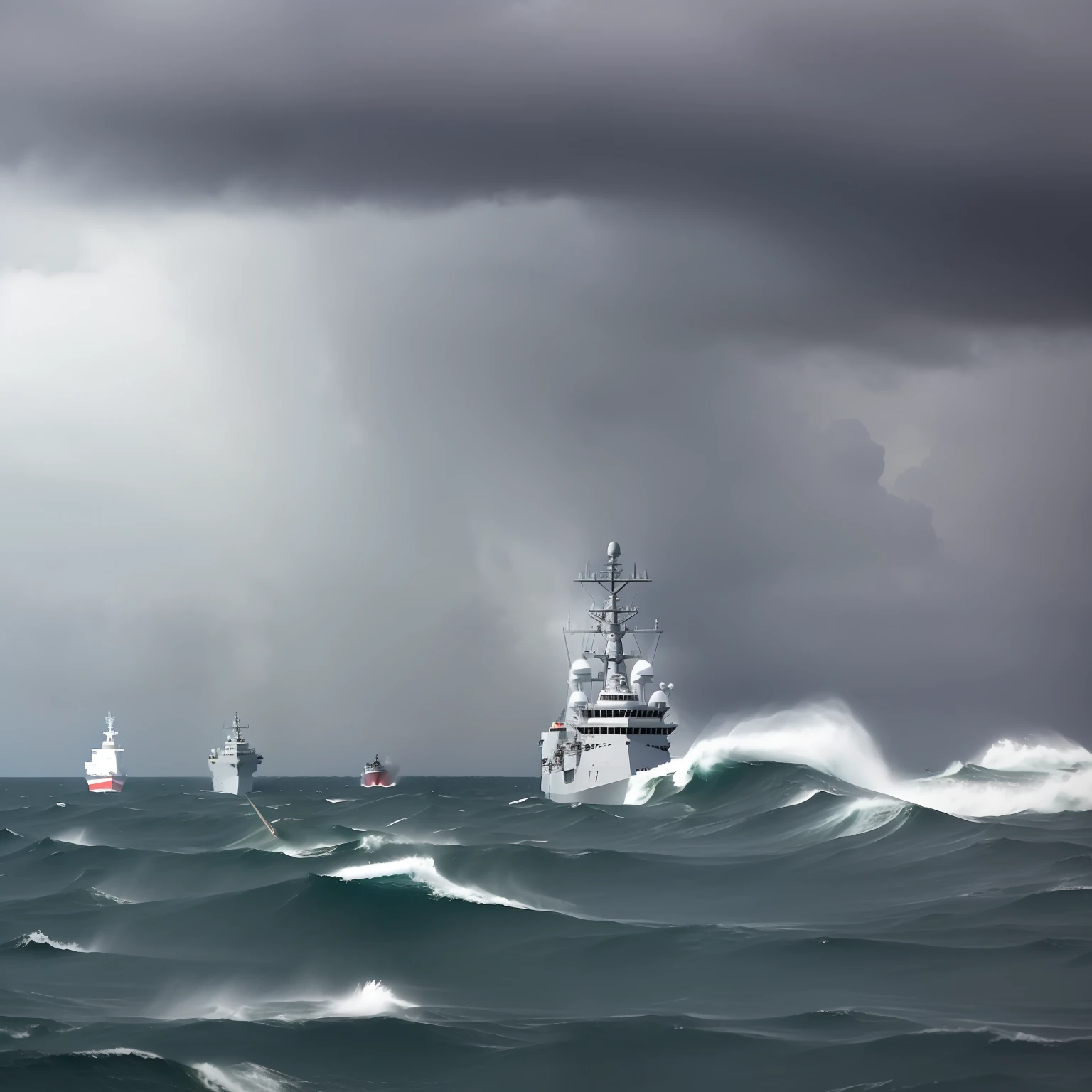Navy ship in rough sea with storm and 3 obelisks coming out of the ocean