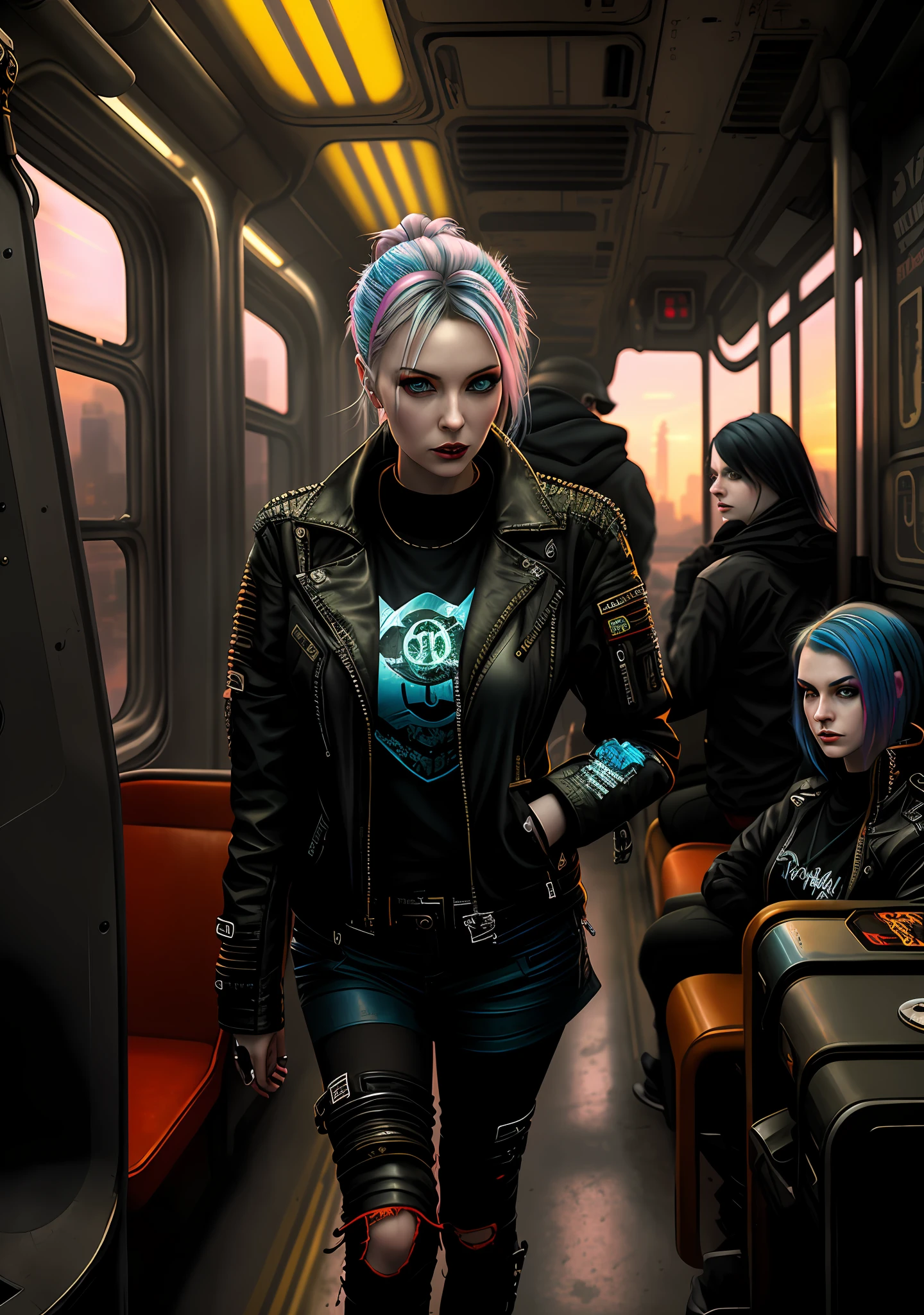 There is a sexy woman in a leather jacket standing on a train, blue chanel hair, colored hair, chenel gothic, gothic, gothic subculture, cyberpunk styles, hyper-realistic, portrayal a teenage female punk woman, cyberpunk soviet style, Alexey Egorov, stylized urban fantasy art, dressed in punk clothes, in cyberpunk style, inspired by Stefan Koidl, hyper-realistic cyberpunk style,  style 8 0's Tomasz Alen Kopera