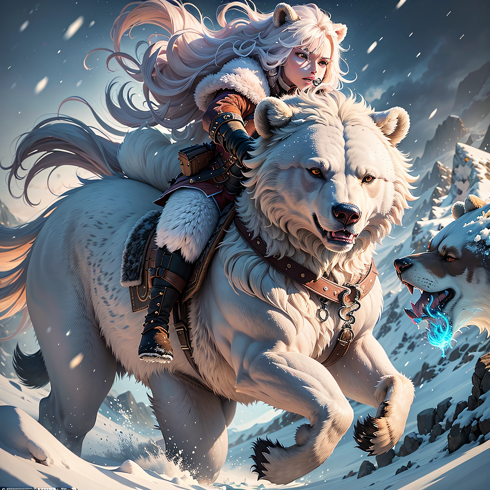(extremely detailed CG unity), best quality, masterpiece, an (extremely fierce and bold) huntress riding a (giant and ferocious) bear through (a snow-covered and rugged landscape), (snow flying around) in the midst of (a blizzard), with (the bear's fur bristling and breath visible in the cold air) - a (stunning and awe-inspiring) depiction of the huntress's (strength and fearlessness) in action.