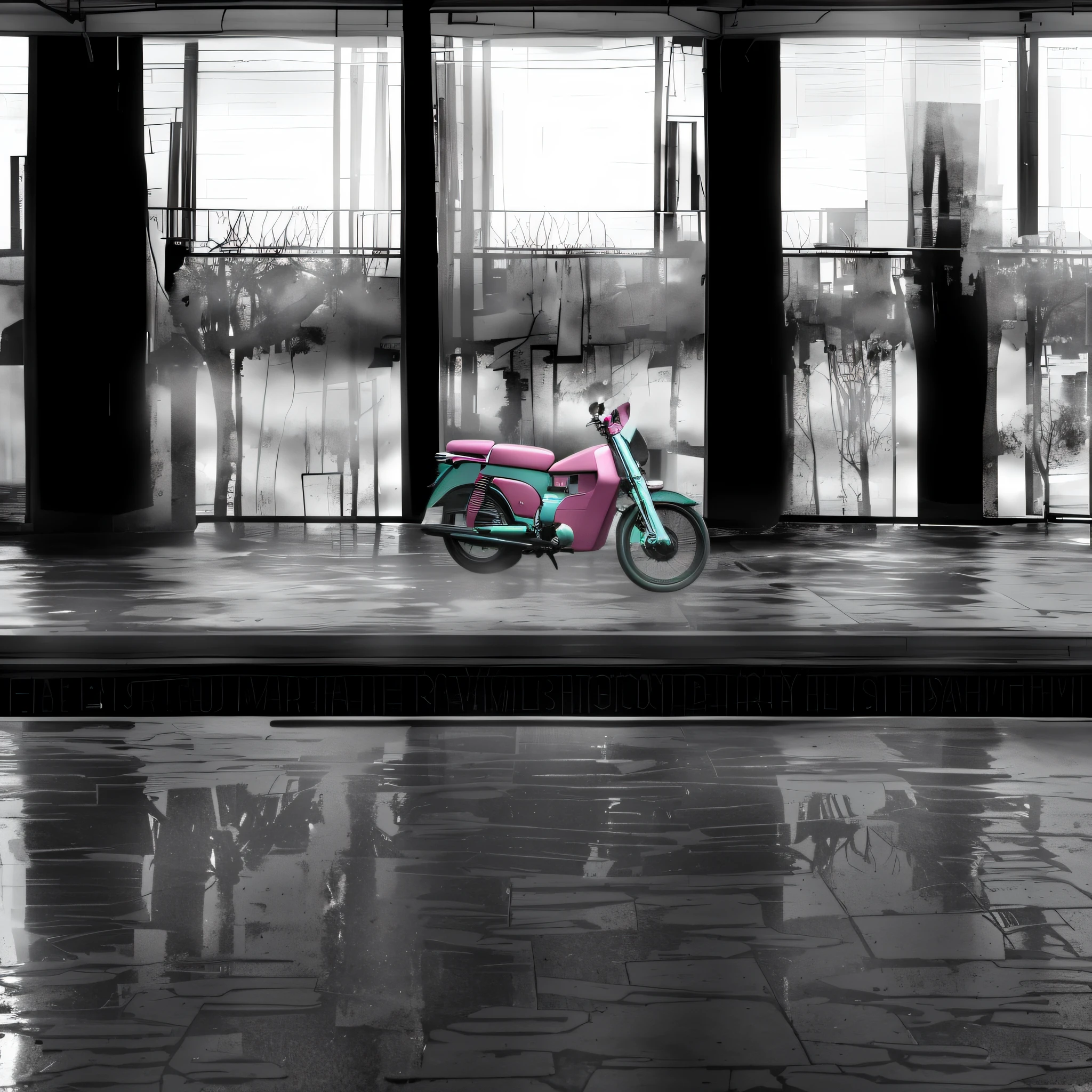 there is a pink motorcycle parked in front of a building, moped, lonely rider, in the colors hot pink and cyan, inspired by Cornelisz Hendriksz Vroom, in the city, motorcycle, pink reflections, inspired by Hendrick Cornelisz Vroom, * colour splash *, motorbike, neon reflections in the puddles, cyan and magenta