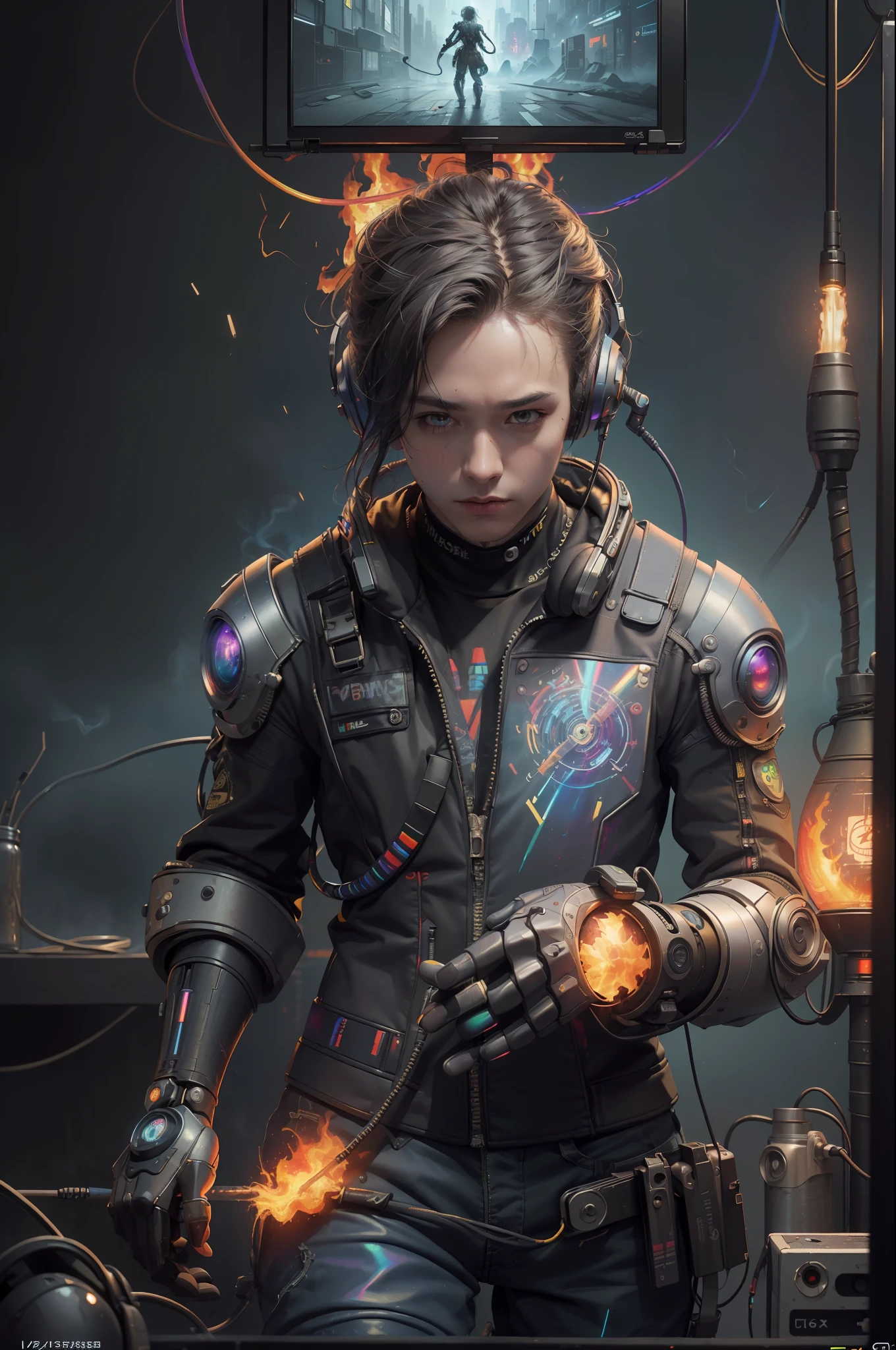 (Masterpiece, Best Quality, High Resolution, Absurd, Detail: 1.2), Humanoid, Robot, Wearing Headphones, Looking Away, (Cyberpunk, Art Canvas, Brush, Easel, Rainbow Color, Holographic: 1.6), [Male], (Cable, Wire, Flame, Fire, Smoke, Overheating, Explosion, Indoor, Room, Simple Background)