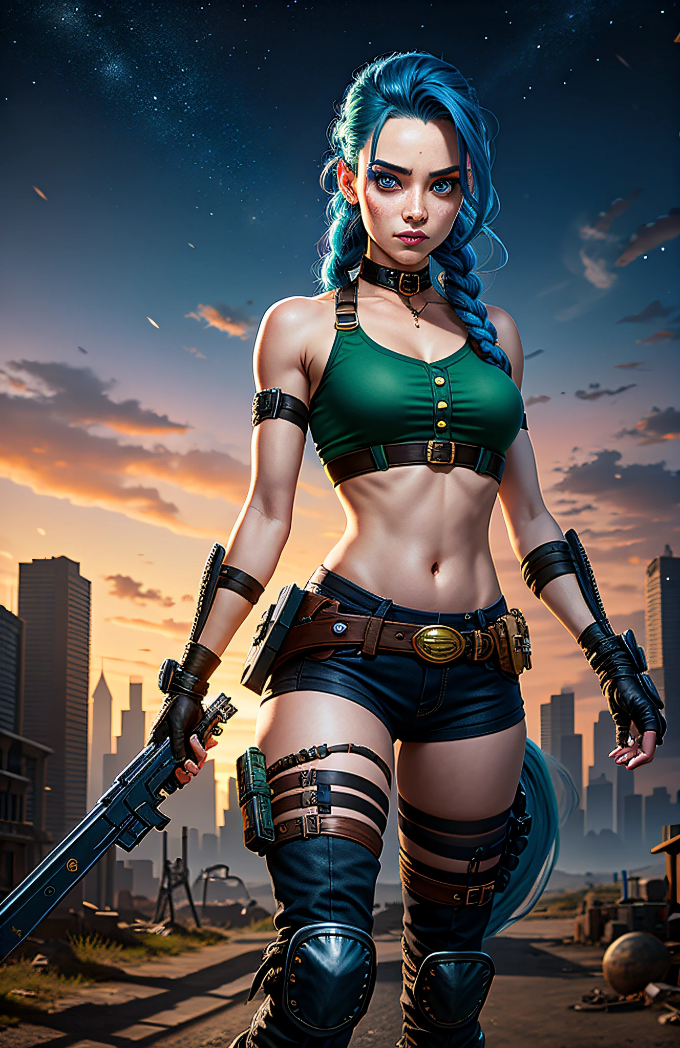 ((Best quality)), ((masterpiece)), (highly detailed:1.3), colorwave, polygeometry, photobash, ( jinx \(league of legends\) ), (1girl), long teal hair with braids, light particles, light rays, braid, [[side profile]], (red sky), portrait, (realistic: 0.8 ), violet eyes, tears, leather gloves, hair over one eye, (looking at you), wind, sad, button nose, V-eyebrows, blurry foreground,  1girl, black sports bra, dirt, (runny makeup), upper body, [freckles], blood moon, bags under eyes, night sky background, sitting, chromatic freak, clouds,Jinx Lol face, ultra realistic detail JinxLol face, Jinx - League of Legends, Pow-Pow, 1 girl, solo, long braided hair blue color real details, long hair with long side bangs realistic blue color,  realistic look, ultra detailed eyes, looking at the viewer, intimidating look, serious expression, navel, gloves, fingerless gloves, bare shoulders, gun, short top, belt, ammunition belt, military style boots, knee-high pants with wine and black vertical stripes, punk, post-apocalyptic city background, JinxLol, midriff, bare shoulders, gun, short top, belt, post-apocalyptic background,  Dark citadel background. HDR (High Dynamic Range), Ray Tracing, NVIDIA RTX, Super-Resolution, Unreal 5, Subsurface Scattering, PBR Texturing, Post-processing, Anisotropic Filtering, Depth of Field, Maximum Clarity and Sharpness, Very detailed textures,