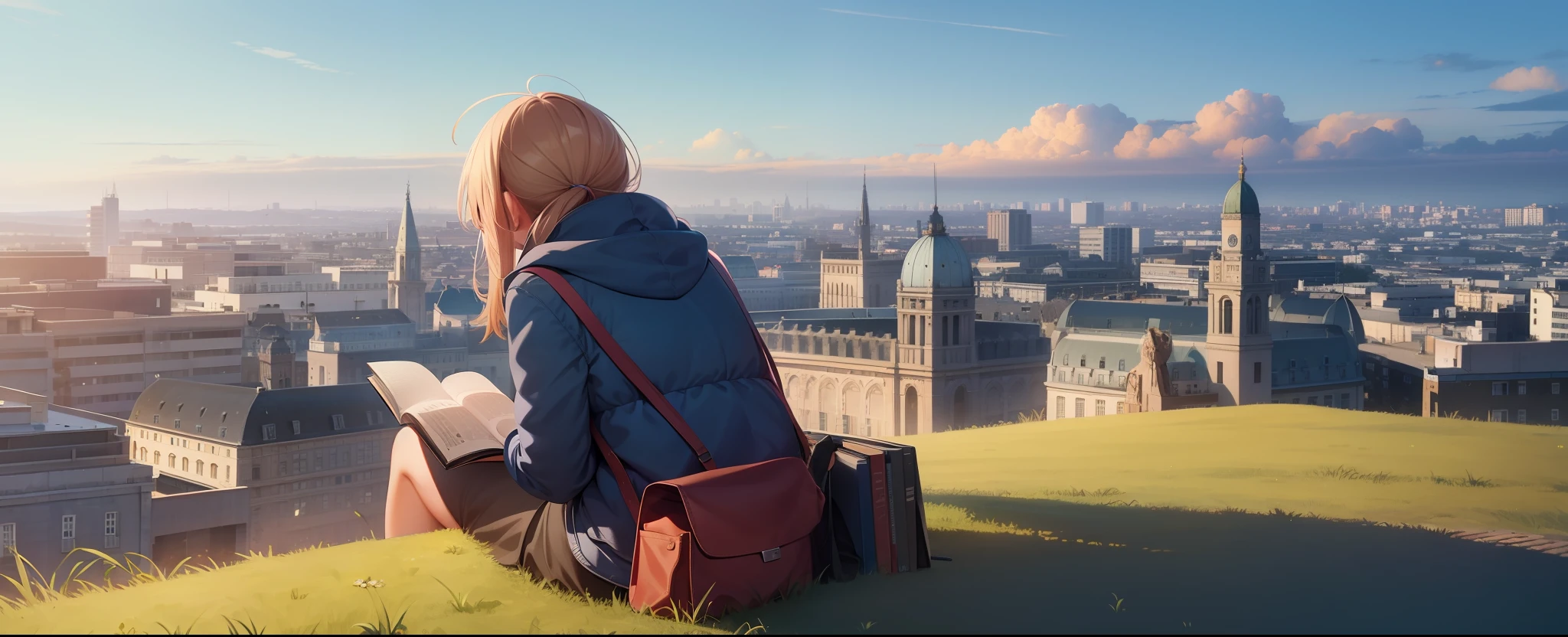 Rear view of a girl reading a book on a hill overlooking a European city, hamburger next to where she sits