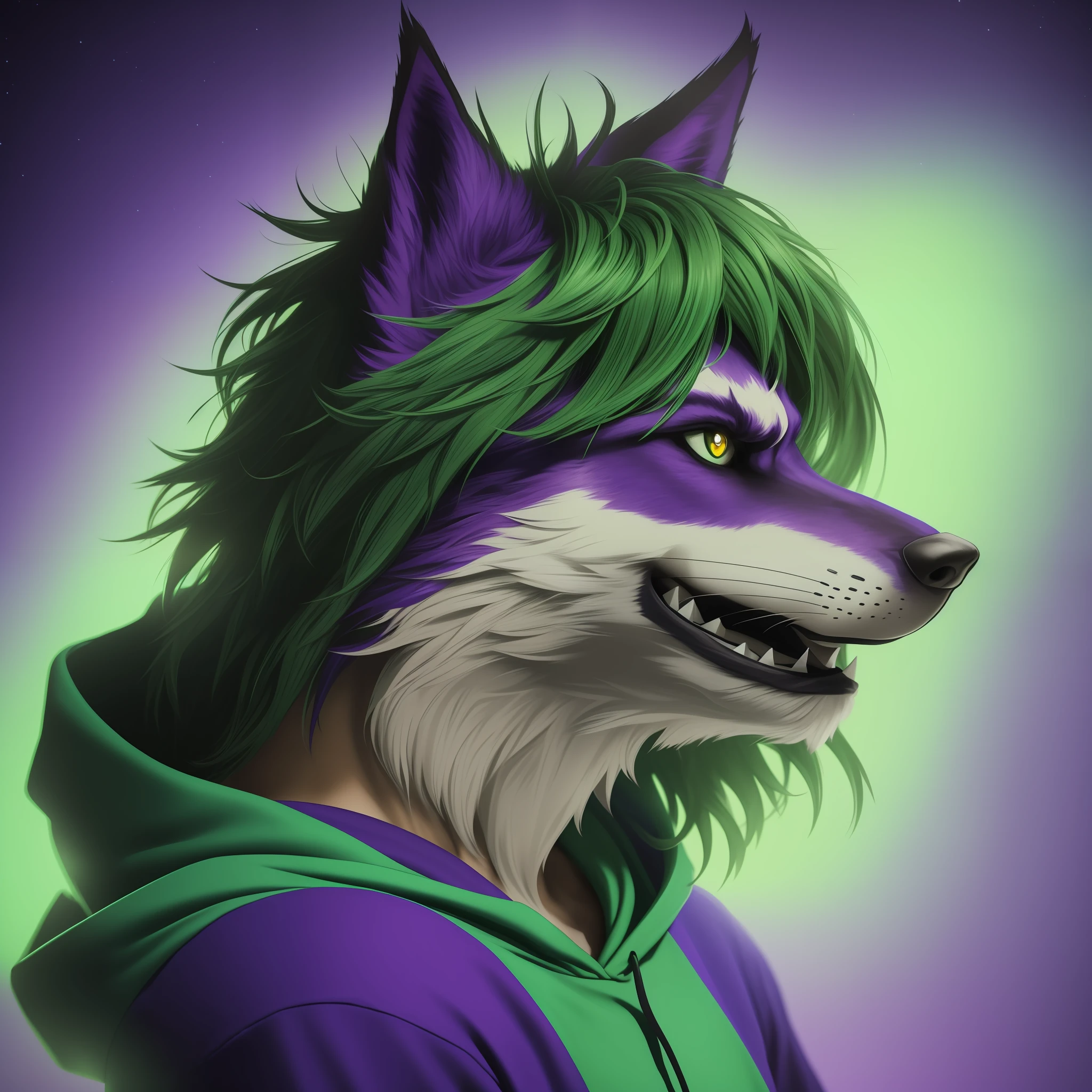 Best quality, masterpiece, closeup photo of a werewolf musician, profile photo, ultra realistic, wearing (green T-shirt and hoodie), in an atmosphere (lush lighting) with shades of purple and blue, enjoying a (party) and posing (standing in front) with (arms crossed)., real, intimidating, blurry background, natural lighting, short hair, highly detailed, 8k texture"