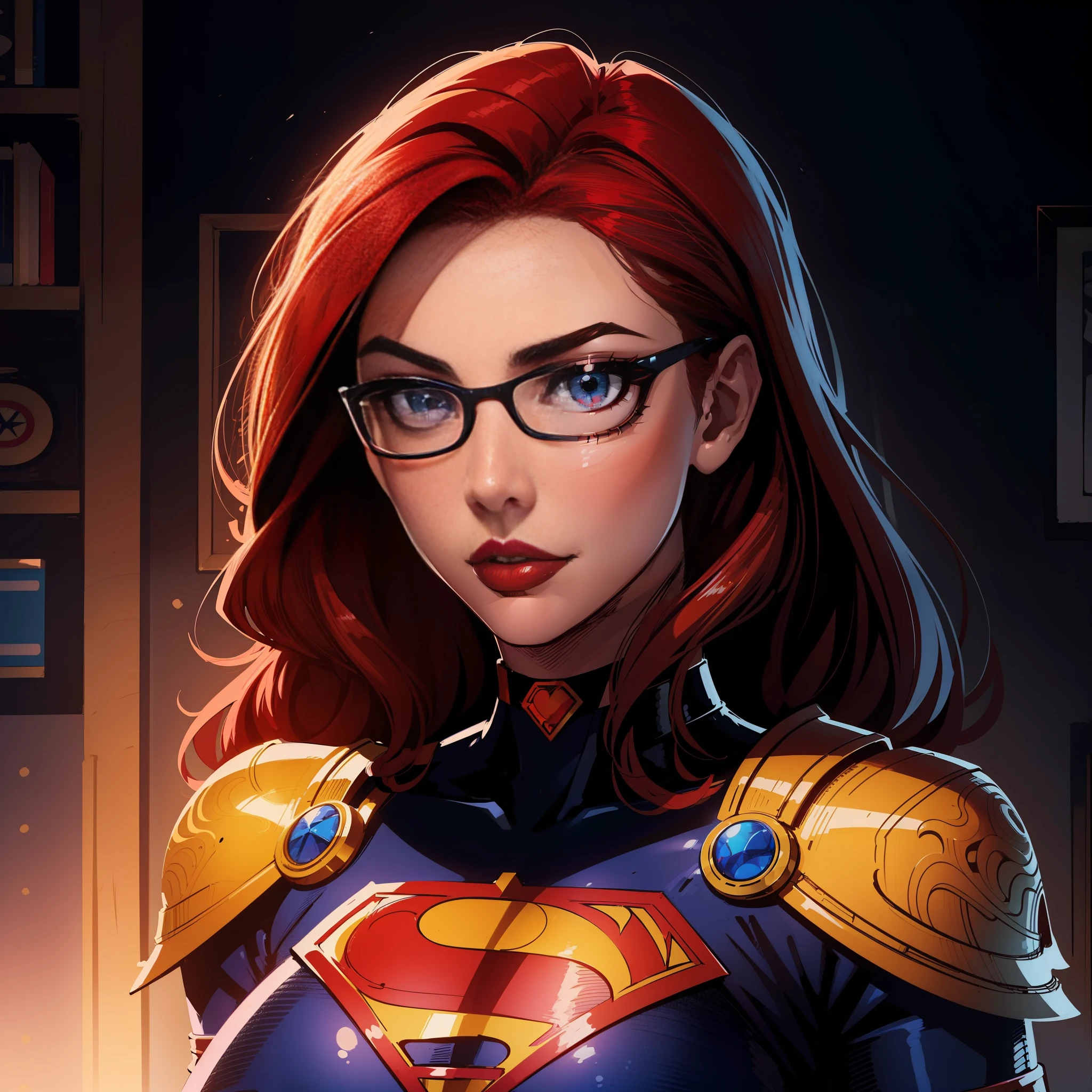 (Detailed illustrations with high-quality coloring:1.3),Supergirl costume,red hair,specs,black choker, (emphasizing the waist, shoulders, and torso), detailed eyes, detailed face, highres, absurdres