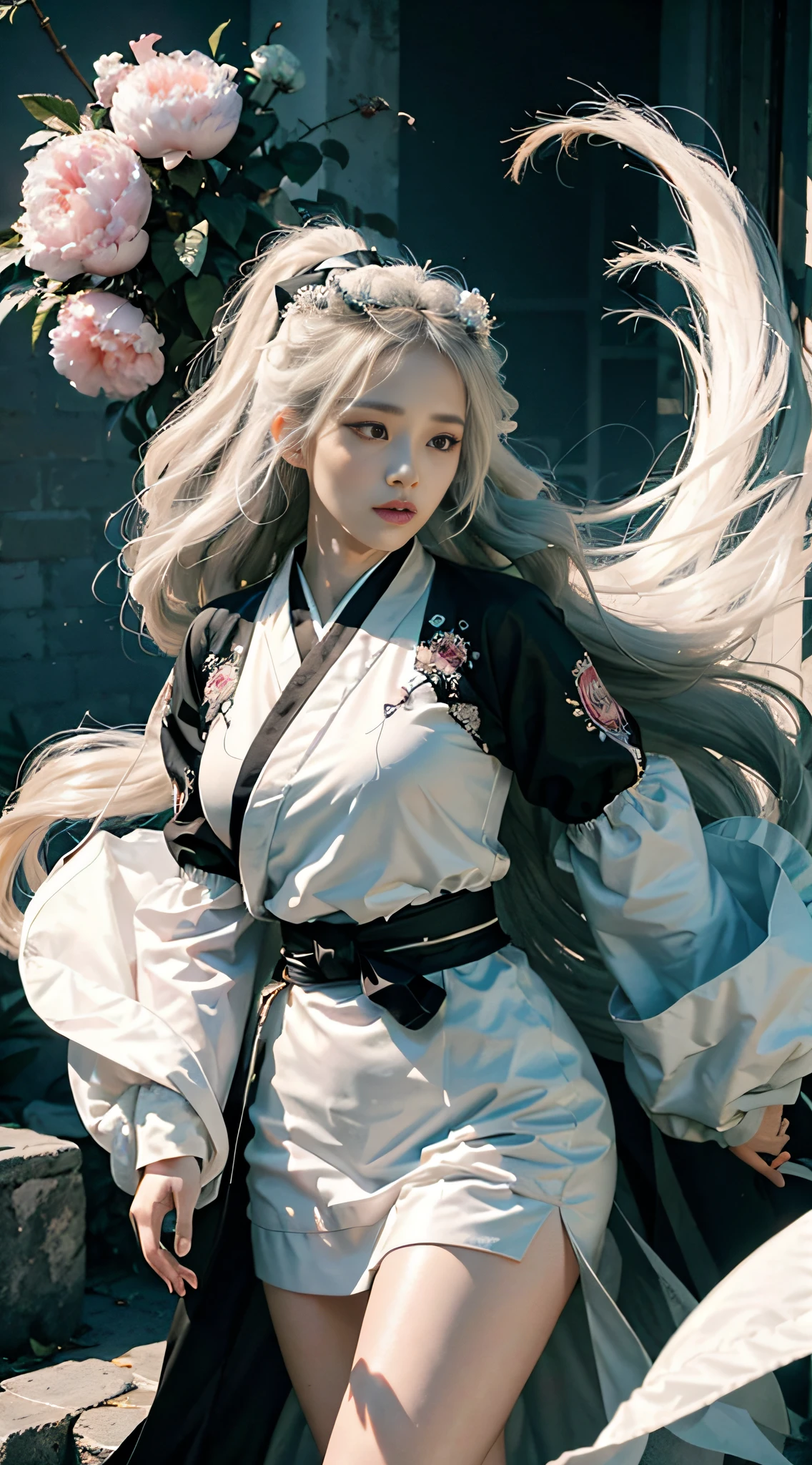 A girl, black and white Hanfu, black embroidery, white ponytail long hair, long hair flowing, white hair, white veiled scarf, face scarf fluttering in the wind, fringed hair ornaments, peony, ancient style, wide robe with big sleeves, dynamic pose, dramatic composition, petals falling, red belt, ancient architectural background, complex background, cloud and mist entanglement, fairy background, cloudy fog, movie lighting,