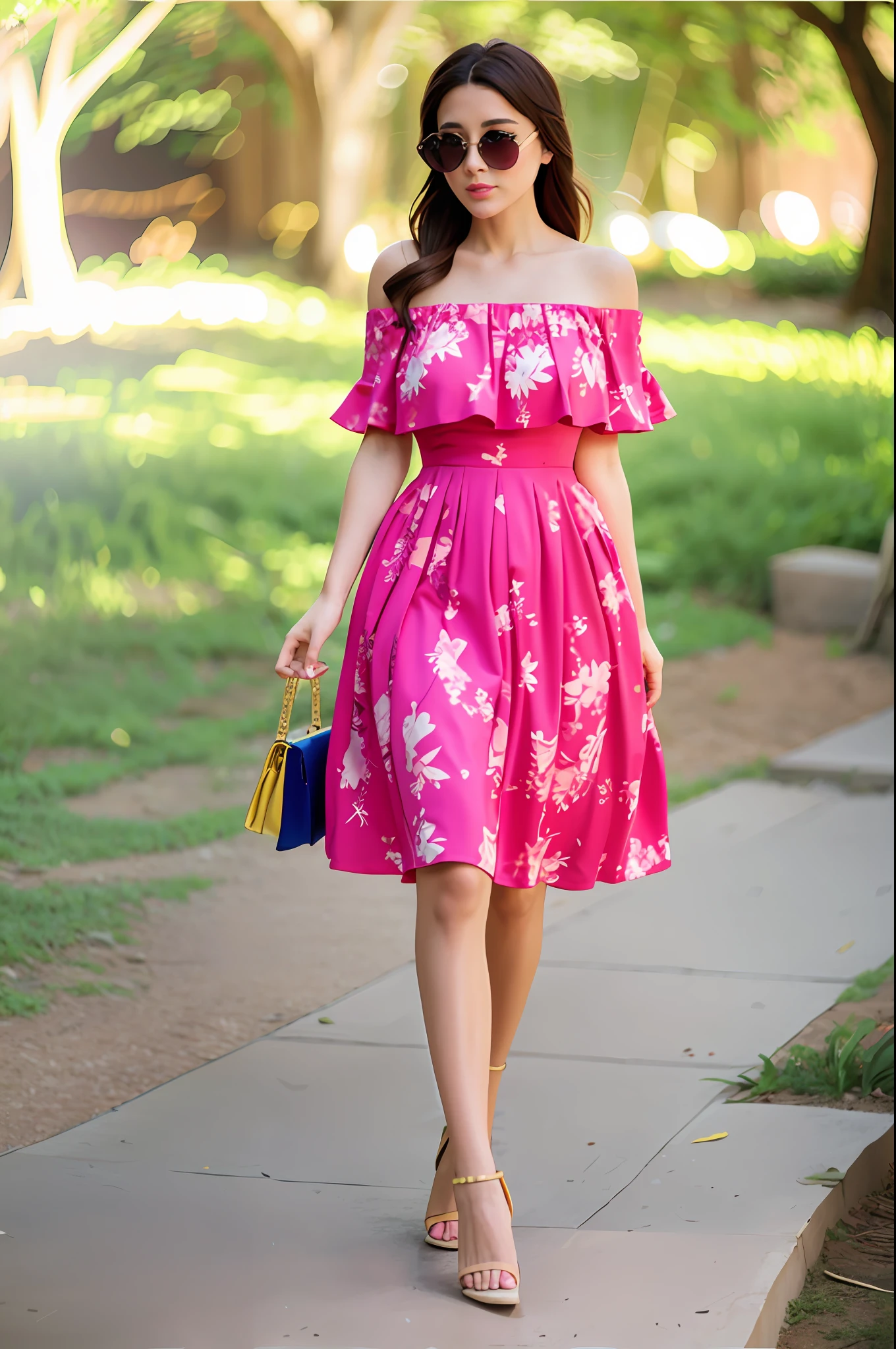 Off-the-shoulder printed dress with low-heeled sandals.