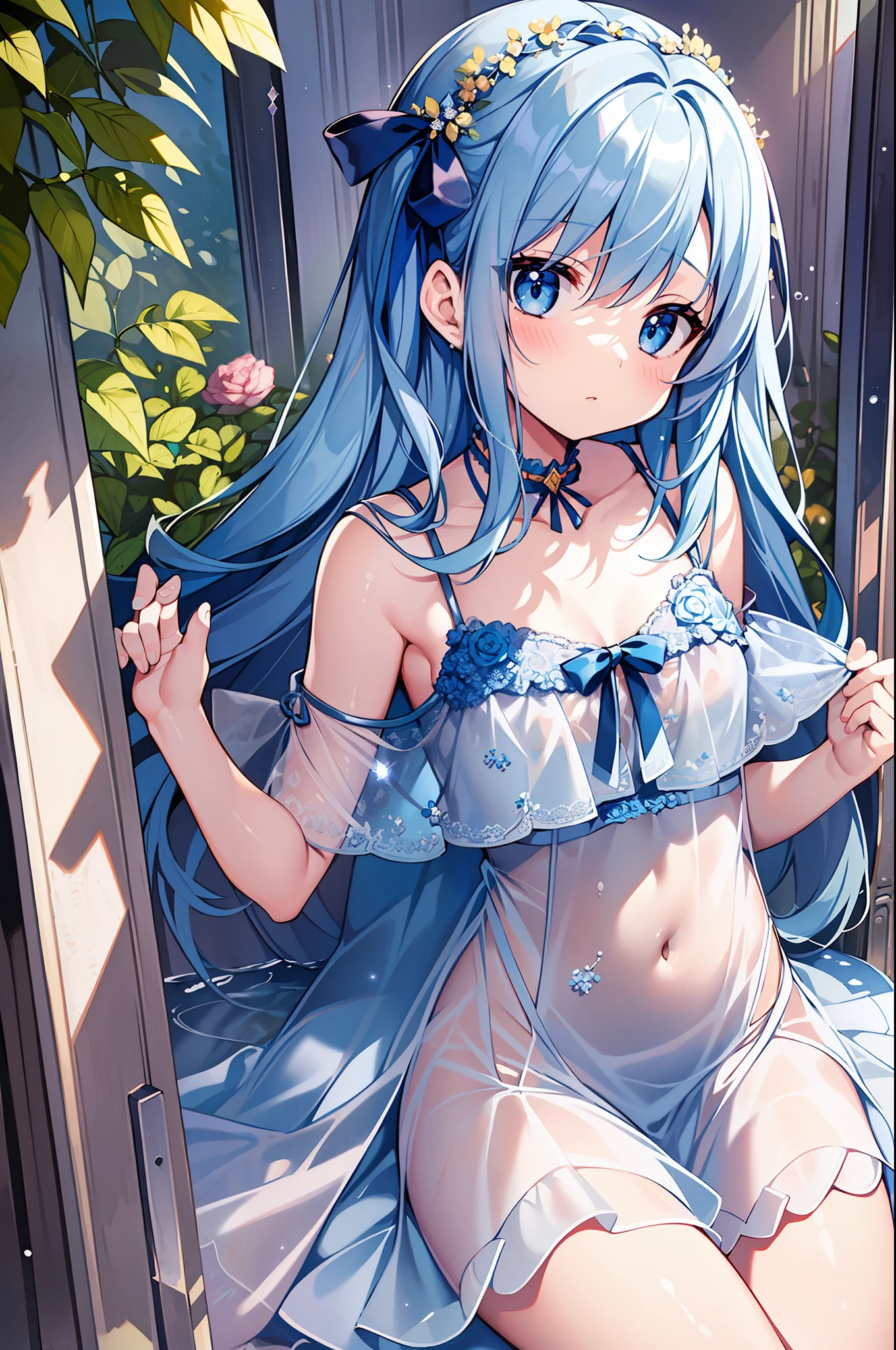 (MASTERPIECE), (Best Quality), (Super Detail), Official Art, One Girl, Lori with Pale Light Blue Hair, Petite Little Girl, Loli, Blue and Silver See-Through Dress, Sleeveless, Off Shoulder, Small, Very Small, Small, Cleavage, Thigh Focus, Navel, Lower half of the chest is bare skin, Card illustration, Water