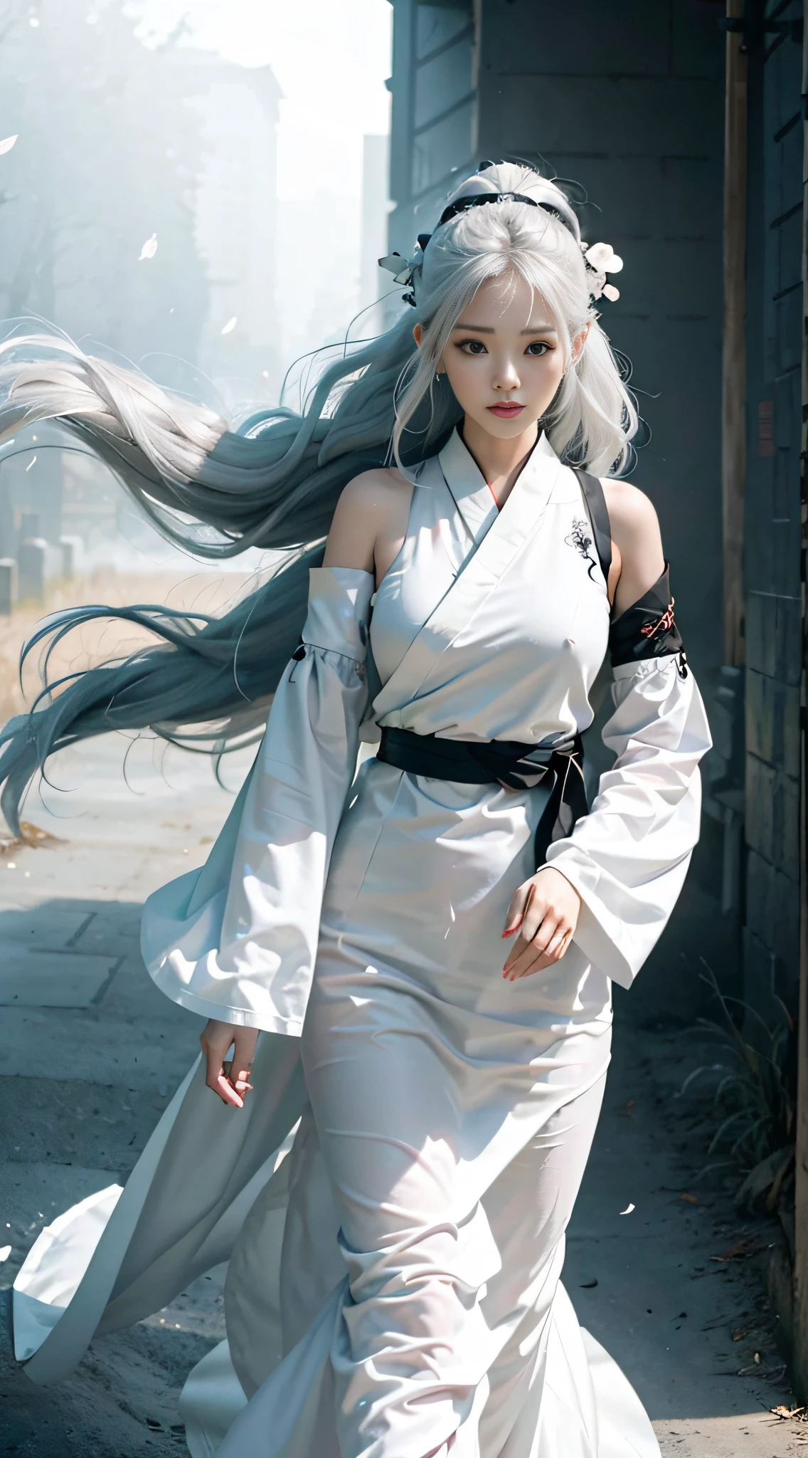 A girl, black and white Hanfu, black embroidery, white ponytail long hair, long hair flowing, white hair, white veiled scarf, face scarf fluttering in the wind, fringed hair ornaments, peony, ancient style, wide robe with big sleeves, dynamic pose, dramatic composition, petals falling, red belt, ancient architectural background, complex background, cloud and mist entanglement, fairy background, cloudy fog, movie lighting,