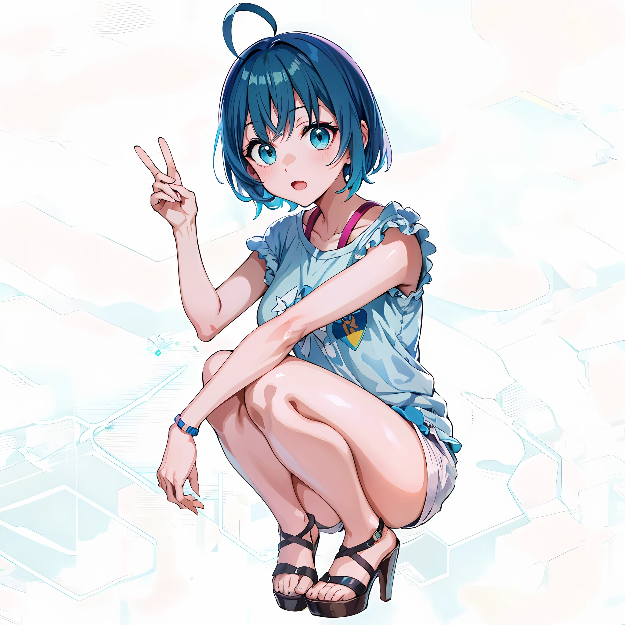 ((masterpiece, best quality)), ((ultra quality)), very detailed, simple eyes, anime style, looking_at_viewer, anime girl with blumine and dark aqua gradient hair and ahoge, live2d virtual youtuber model, short blumine and dark aqua gradient haired woman, blumine and dark aqua gradient colored hair, with index finger, 2d anime style, stylized anime, short hair, anime style, 8k, anime stylized, bangs, anime in scenery, white mode background, dark blumine colored eyes