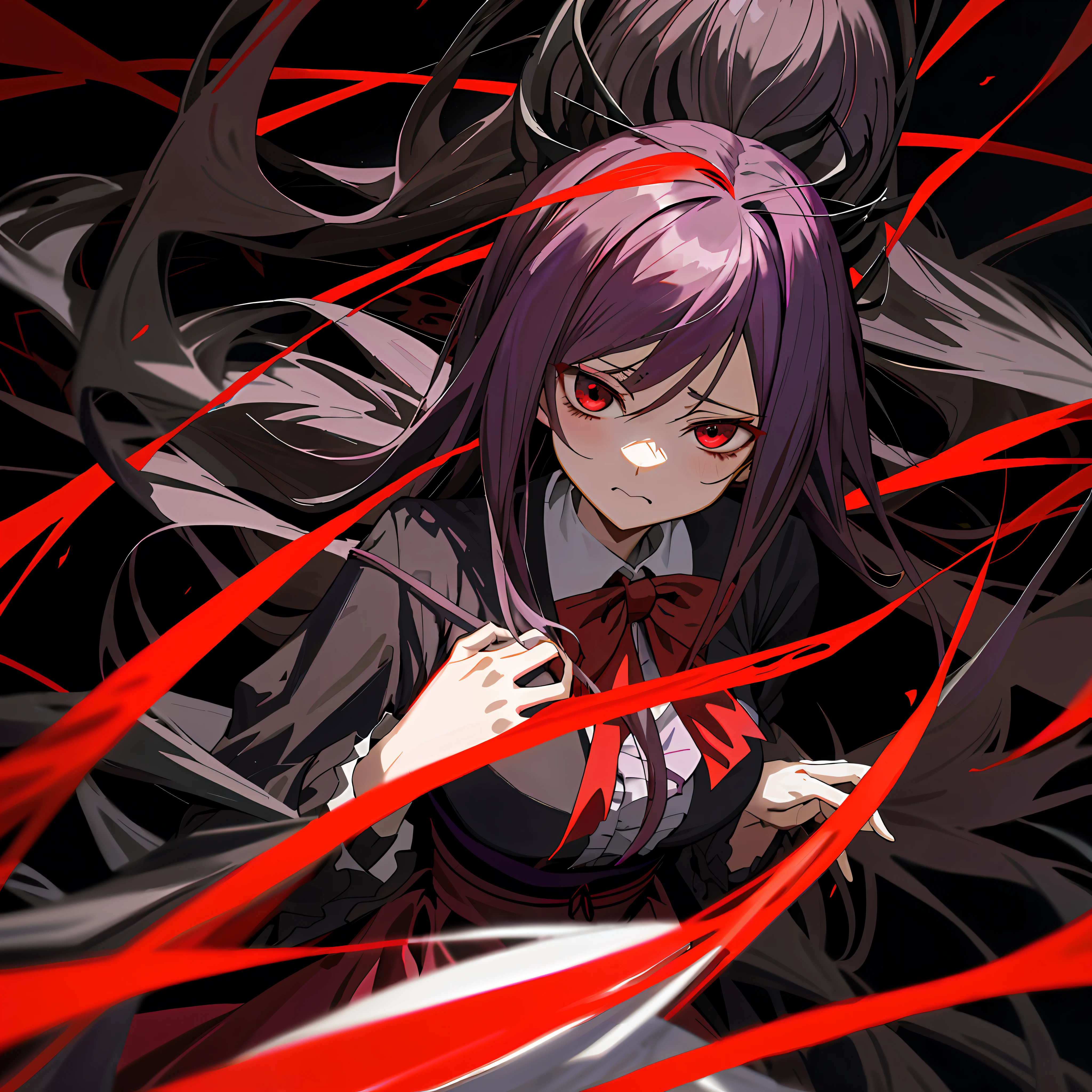 Anime style - Shalltear characters derived from Marin Kitagawa fanart, Yandere Grimdark Gapmoe temperament, long bow tie hair, hands hugging chest, full of cuteness, Incomplexate's Yandere and Shingei's creative style characteristics, in line with manga character characteristics, zero zen portrait style presentation.