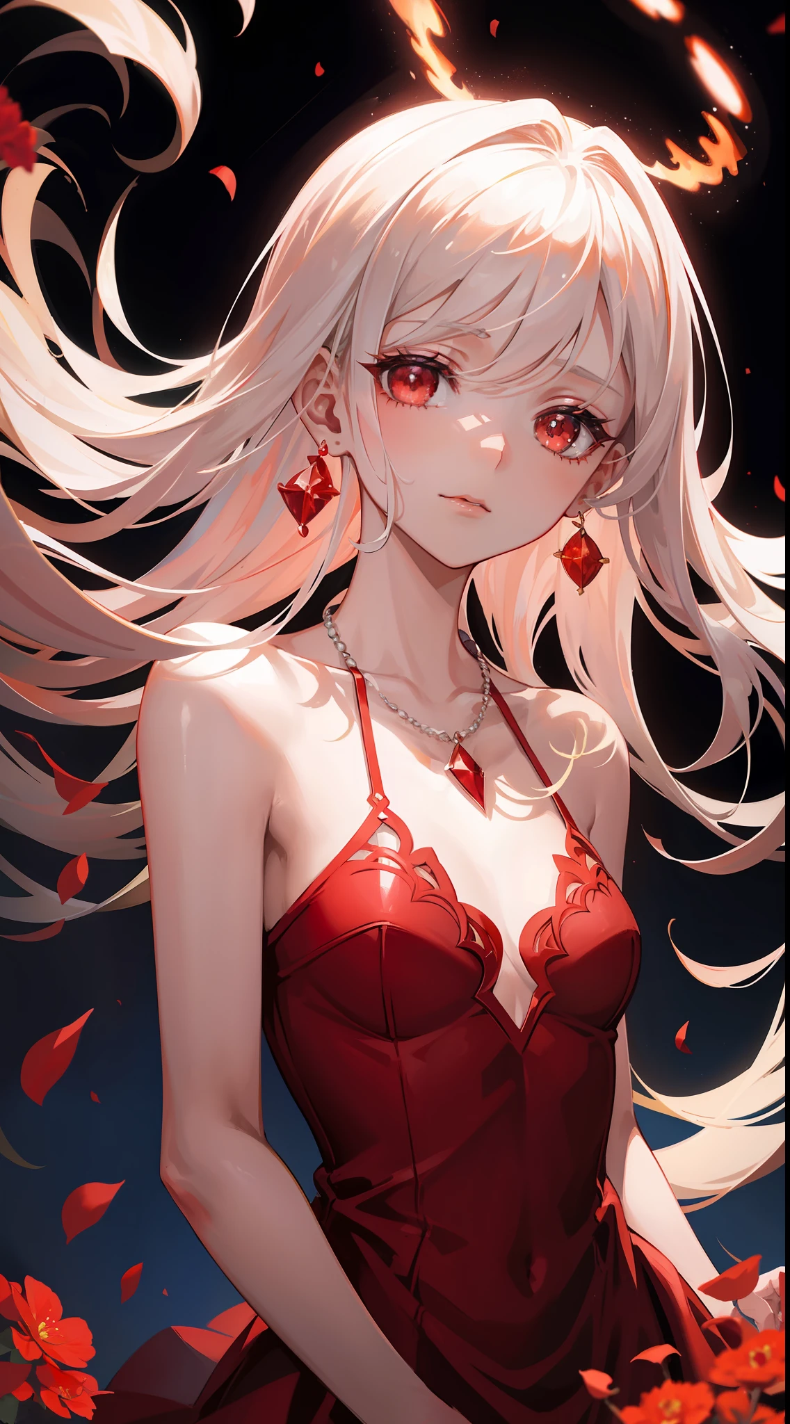 Masterpiece, Superb Painting, Begonia Red, Platinum Earrings, Platinum Necklace, Red Dress, 1girl, Cute, (Dynamic Light: 1.2), Cinematic Light, Delicate Facial Features, Detailed Eyes, Sharp Pupils, Realistic Pupils, Depth of Field, Background Bokeh, Clear Focus, (Ultra Detail, Halo, Glow: 1.4), Many Small Gemstones with Flames, Flame Burning